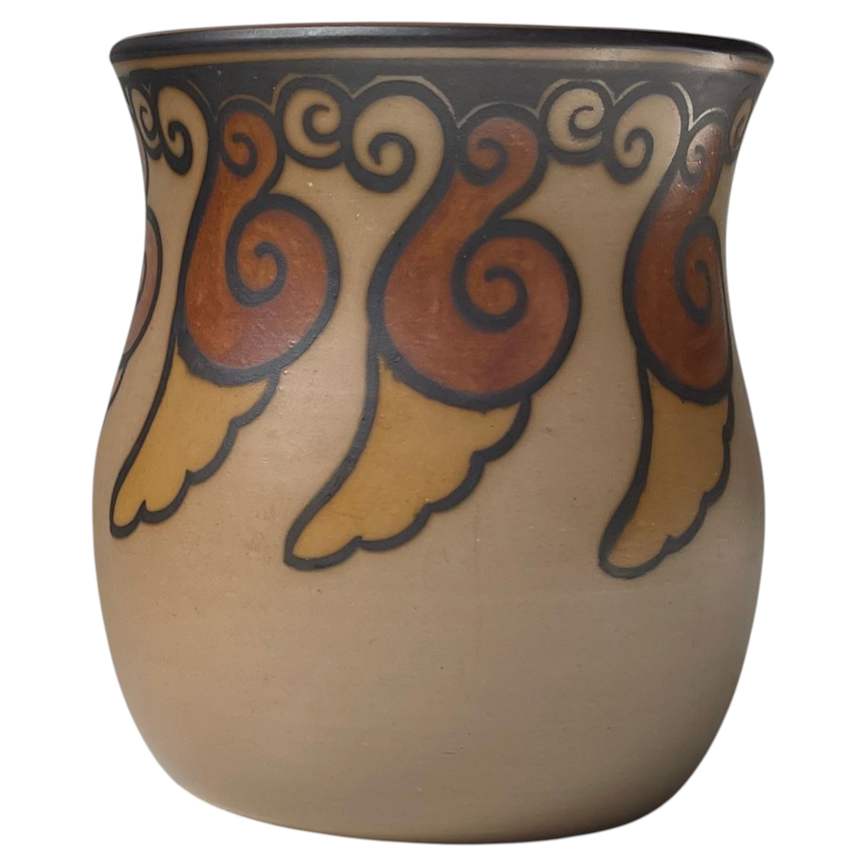 Art Deco Pottery Vase Hand-Painted with Snails by L. Hjorth, 1940s For Sale