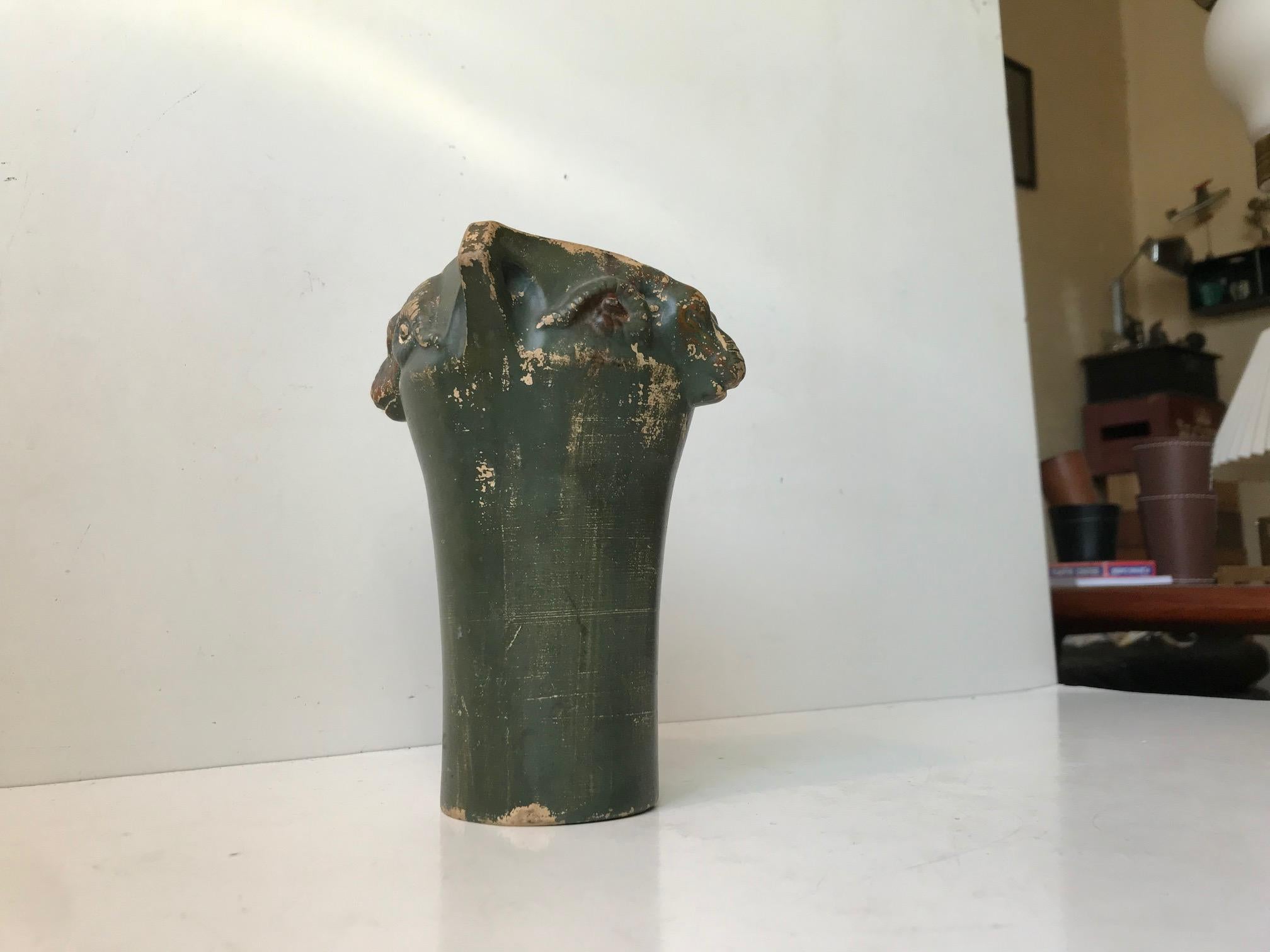 Art Deco Pottery Vase with Ram Heads, 1920s In Good Condition For Sale In Esbjerg, DK