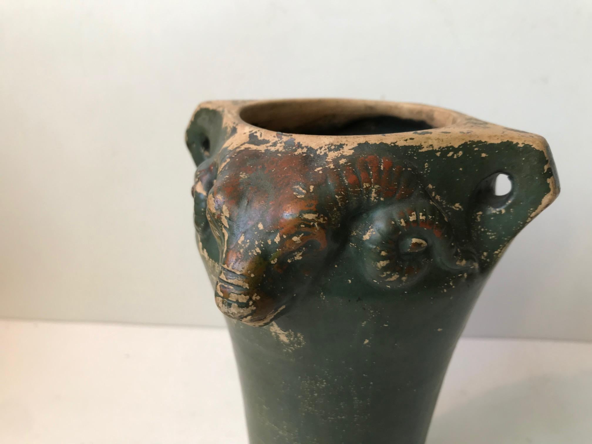 Early 20th Century Art Deco Pottery Vase with Ram Heads, 1920s For Sale