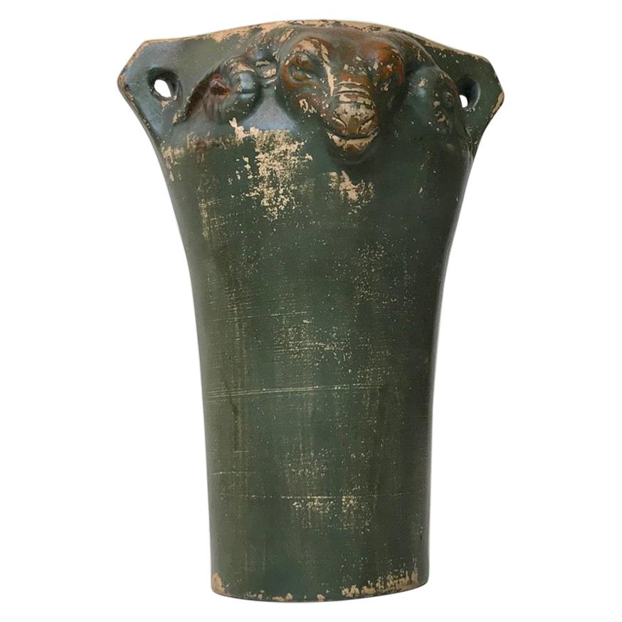 Art Deco Pottery Vase with Ram Heads, 1920s For Sale