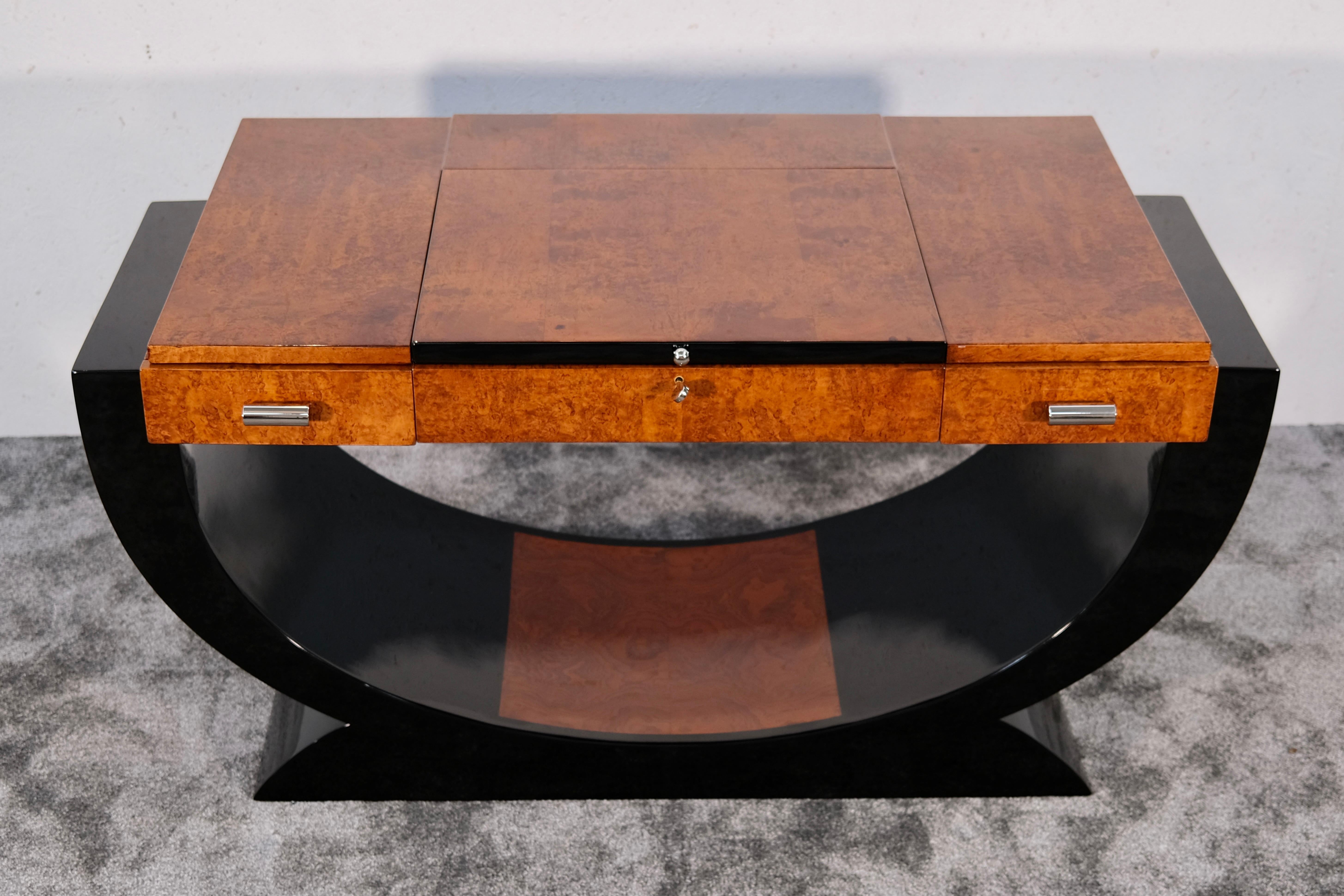 Francese Scrivania Art Déco Poudreuse in legno di betulla e lacca nera, Franchi 1930 in vendita