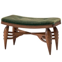 Art Deco Pouf with Sculptural Frame and Moss Green Upholstery