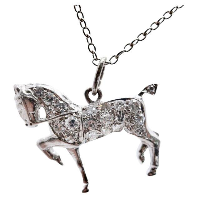 Art Deco Prancing Horse Diamond Charm Pendant in Platinum For Sale