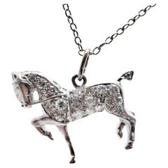 Antique Art Deco Prancing Horse Diamond Charm Pendant in Platinum
