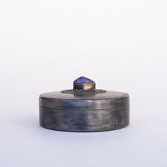 Art Deco Precious Stone Jewelry Box - Pewter, Amethyst & Brass - France 1940s