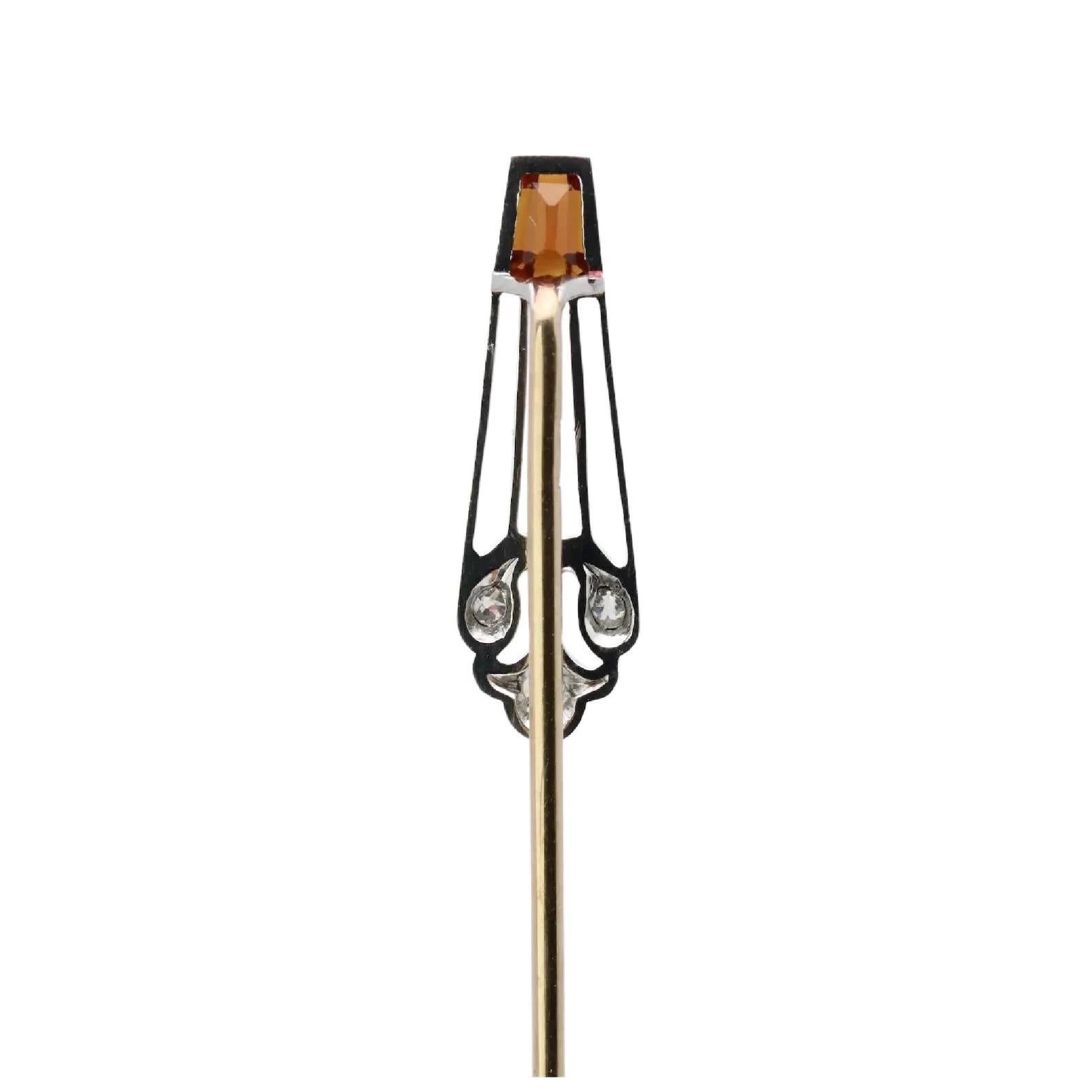Trapezoid Cut Art Deco Precious Topaz & European Cut Diamond Stick Pin in Platinum, Gold For Sale