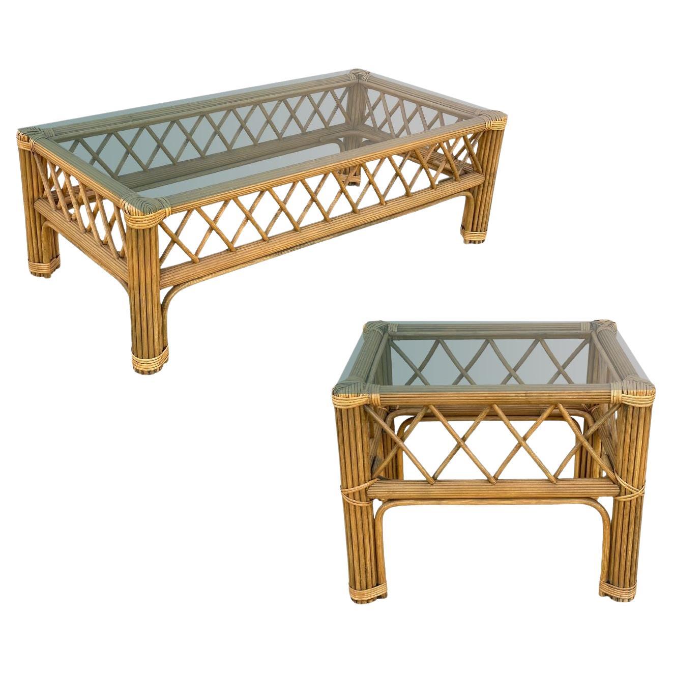 Ensemble table basse et table d'appoint Art Déco « President » Stick Reed Rattan en vente