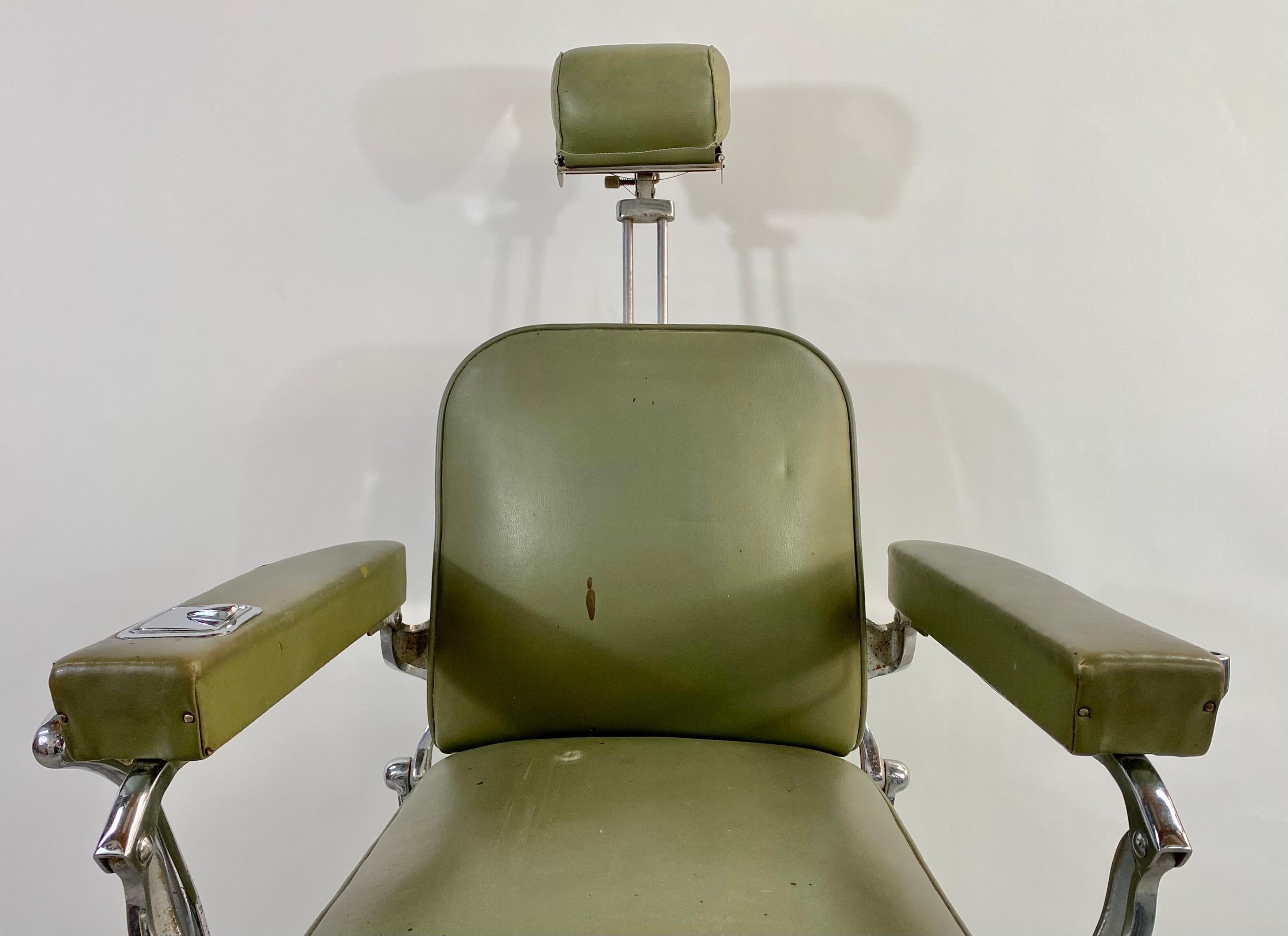 Art Deco Presidential Hydraulic Koken Barber Chair in Green Leather 5