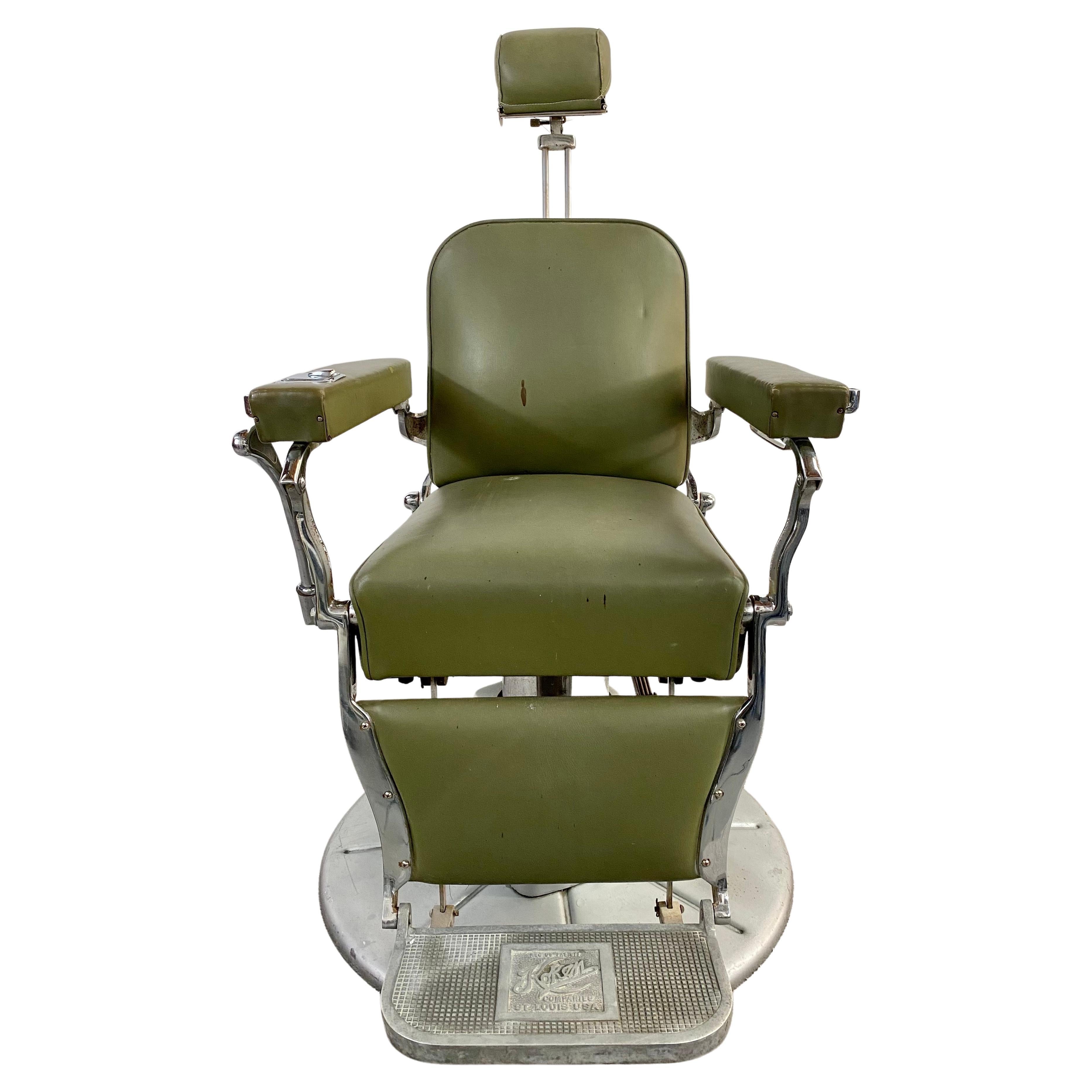 Art Deco Presidential Hydraulic Koken Barber Chair in Green Leather