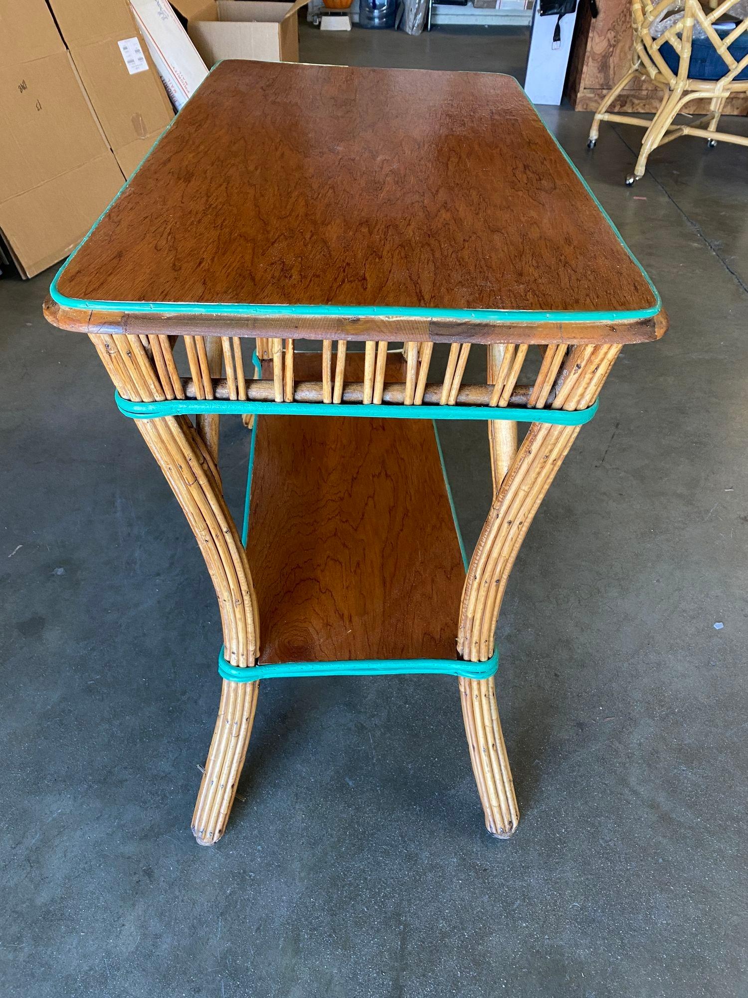 Restored Presidential Stick Reed Rattan TV Stand/Console Table w/ Mahogany Top In Excellent Condition For Sale In Van Nuys, CA