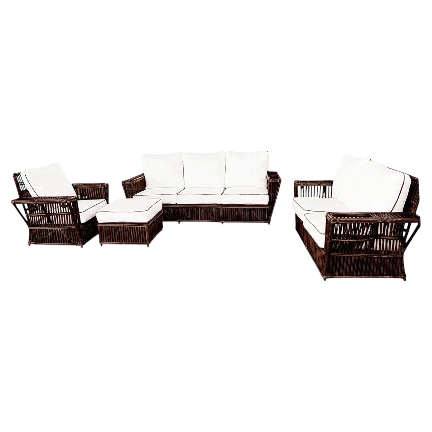 Art Deco Presidents Nantucket Stick Walnut Finished Reed Rattan Livingroom Set For Sale