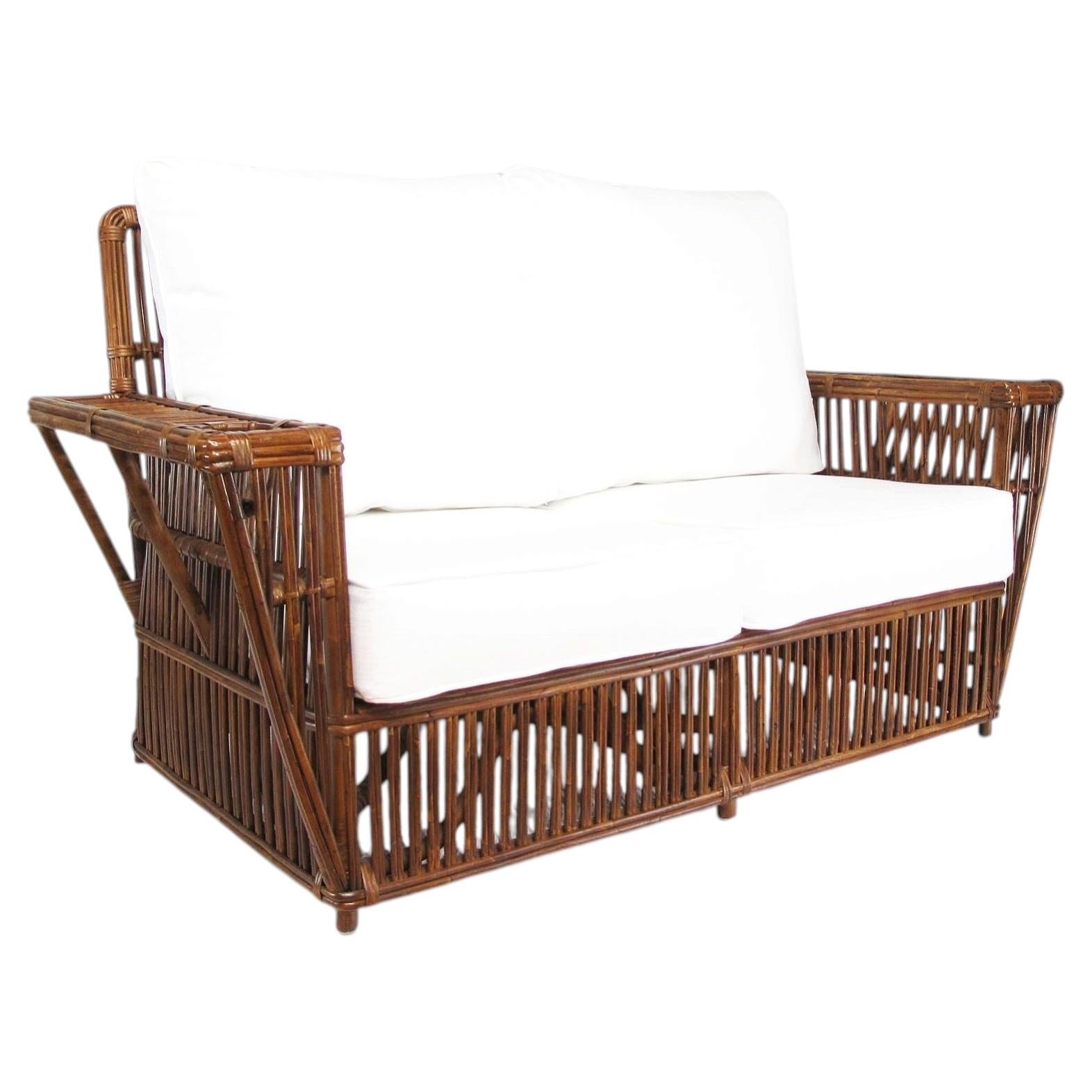 Art Deco Presidents Nantucket Stick Walnut Finished Reed Rattan Settee Sofa For Sale