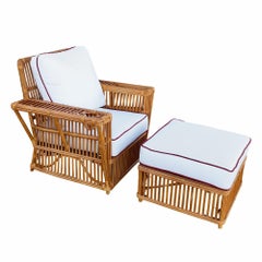 Art Deco Presidents Stick Reed Rattan Nantucket Lounge Armchair & Ottoman Set