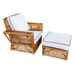 Art Deco Presidents Stick Reed Rattan Nantucket Lounge Armchair & Ottoman Set