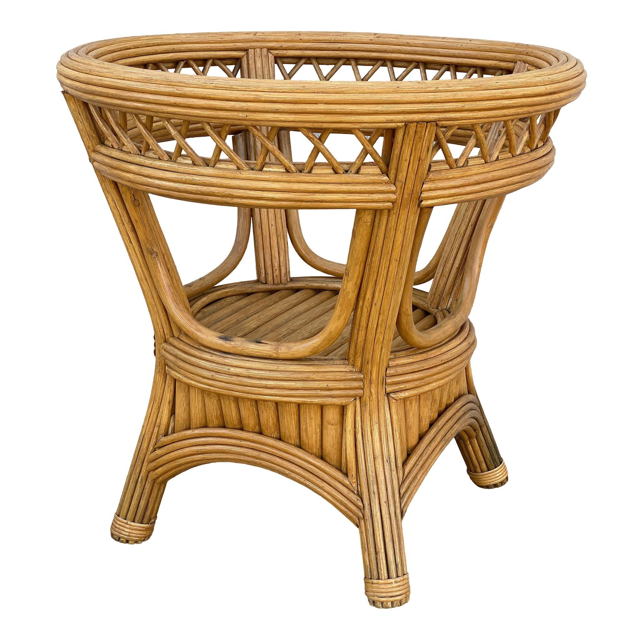Table de salle à manger Art Déco Presidents Stick Reed Rattan rond avec plateau en verre Excellent état - En vente à Van Nuys, CA