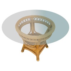 Art Deco Presidents Stick Reed Rattan Round Glass Top Dining Table