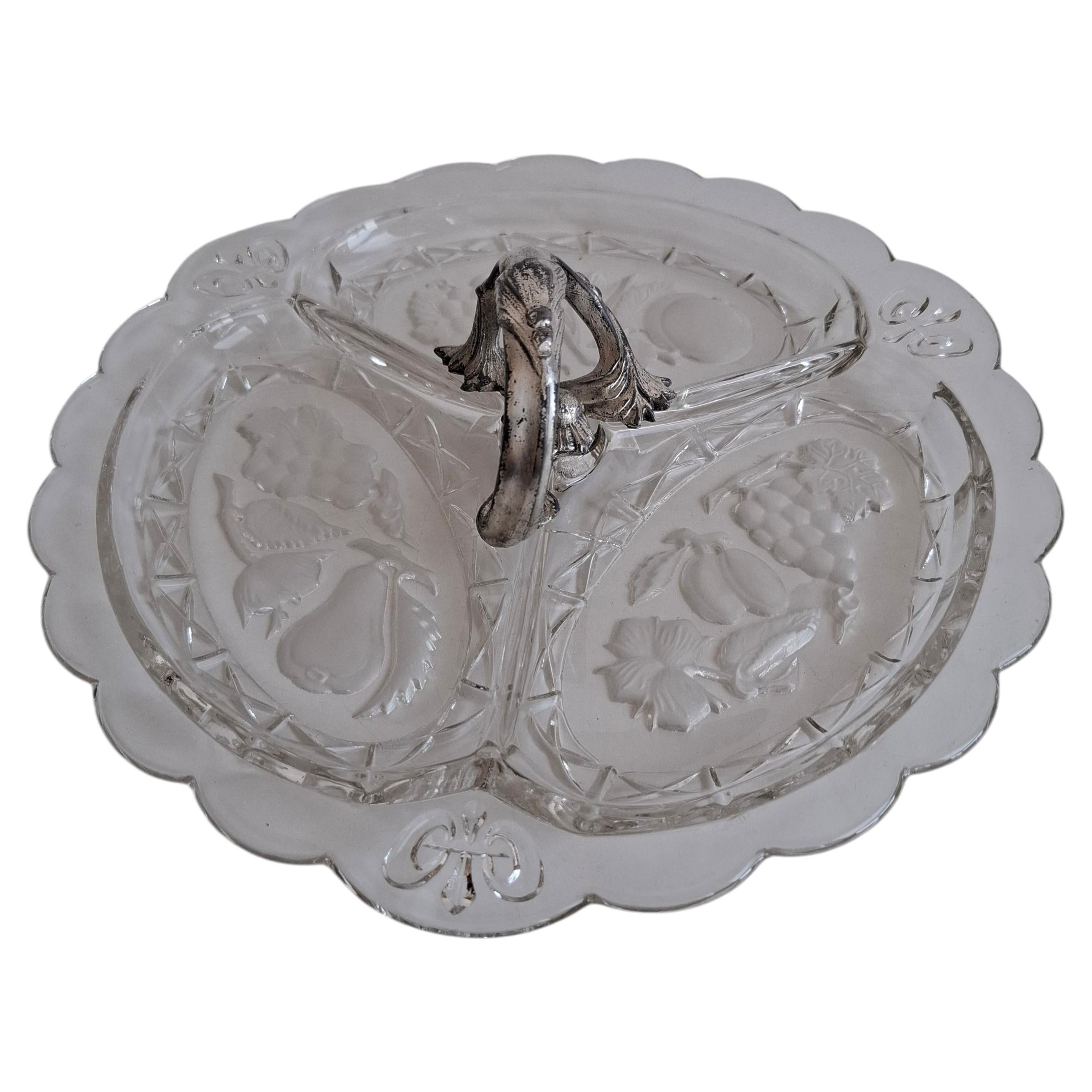 Art Deco Pressed Glass Divided Serving Dish with Alpaca Handle, 1930 For Sale