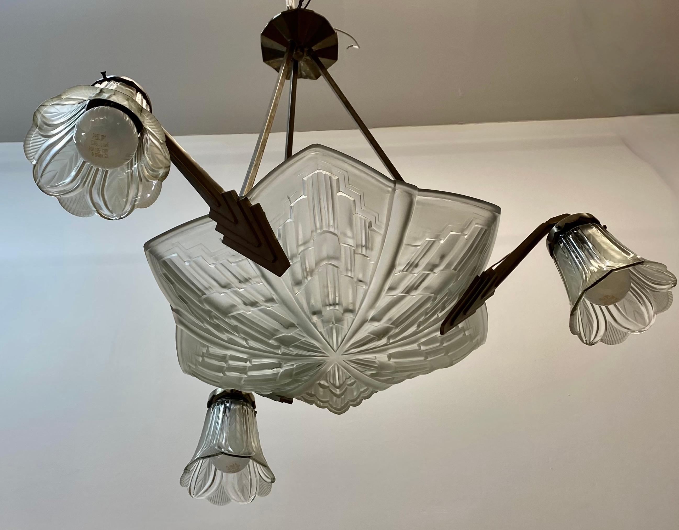 American Art Deco Pressed Glass Four Light Chandelier, C.1940 For Sale