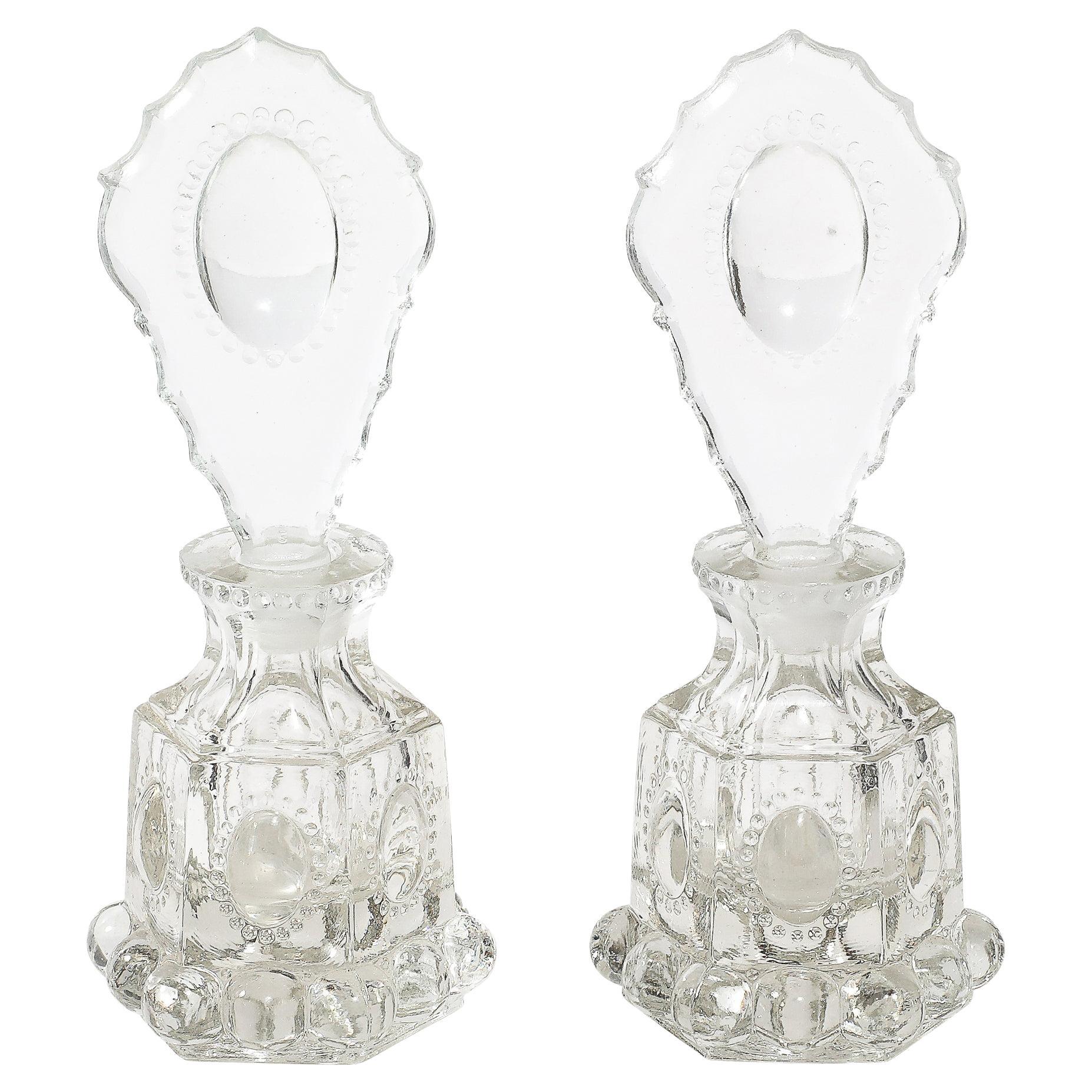 Art Deco Pressed Glass Perfume Holders w/ Scalloped Stoppers & Hobnob Detailing
