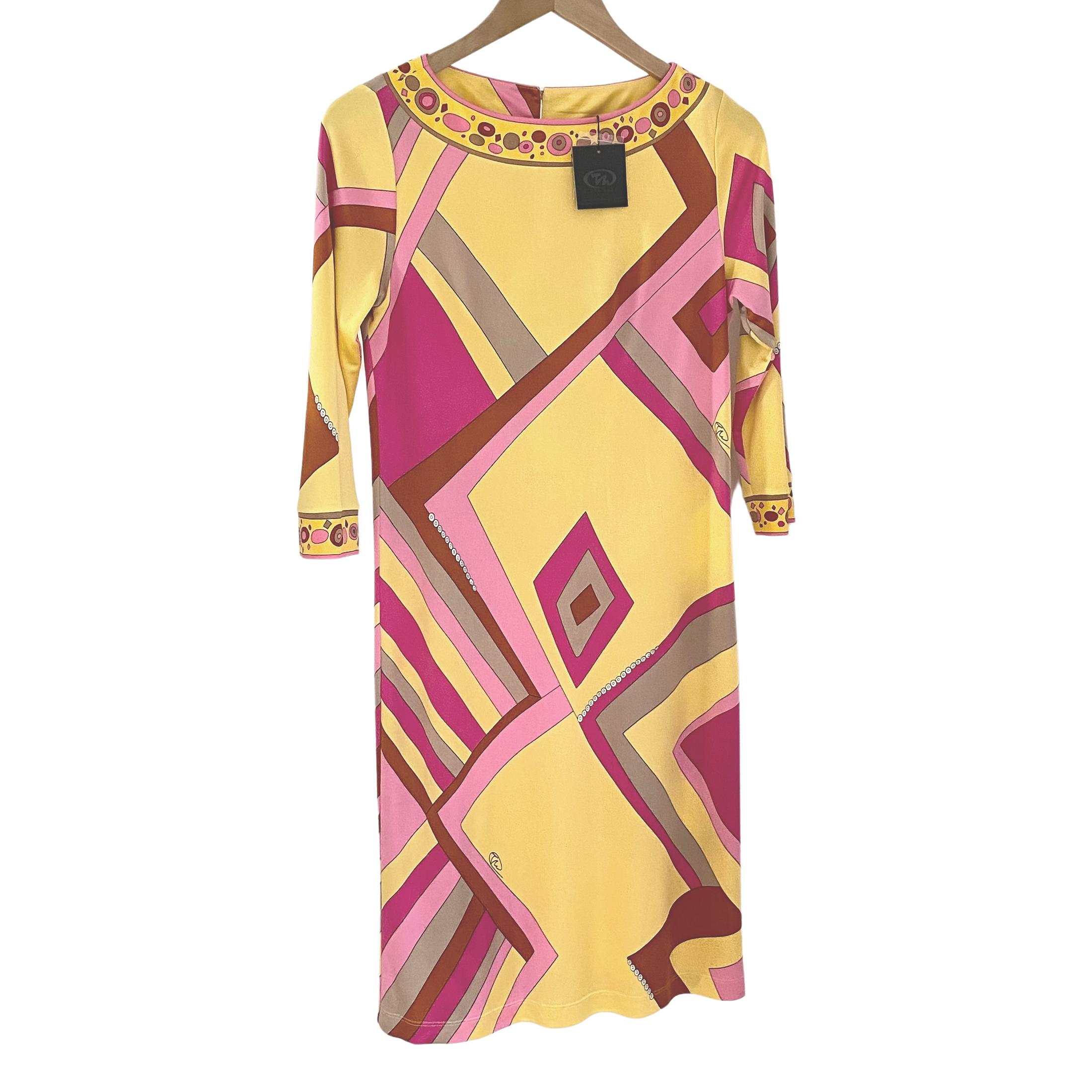 Orange Pink Yellow Deco twin print Silk Shift Dress by Flora Kung NWT For Sale