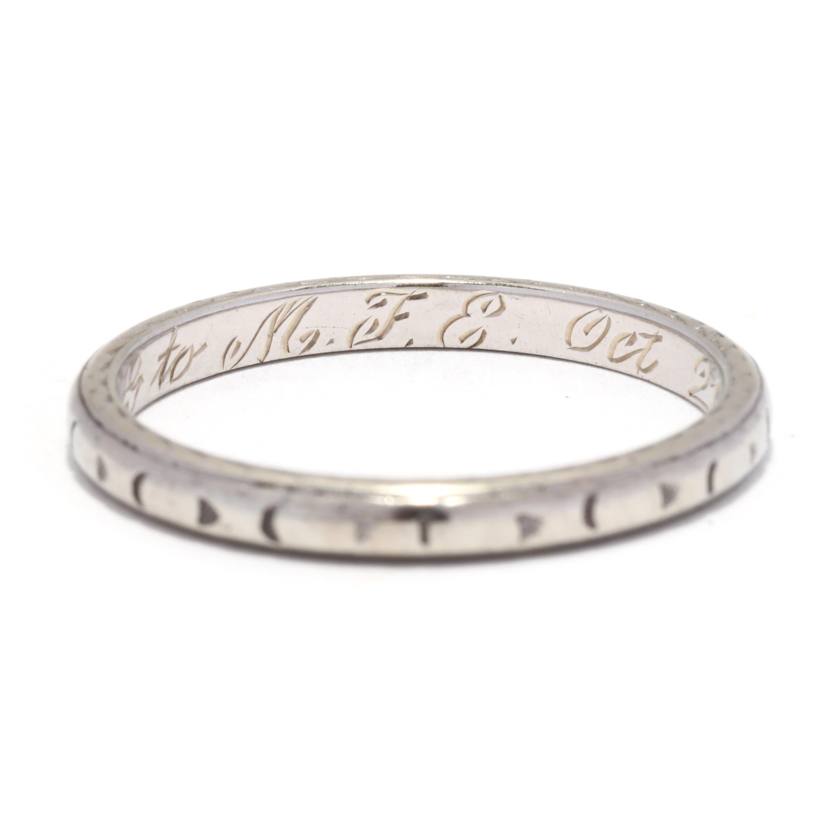 Art Deco Priscilla Engraved Wedding Band, Platinum 18K White Gold, Ring Size 6.7 In Good Condition In McLeansville, NC