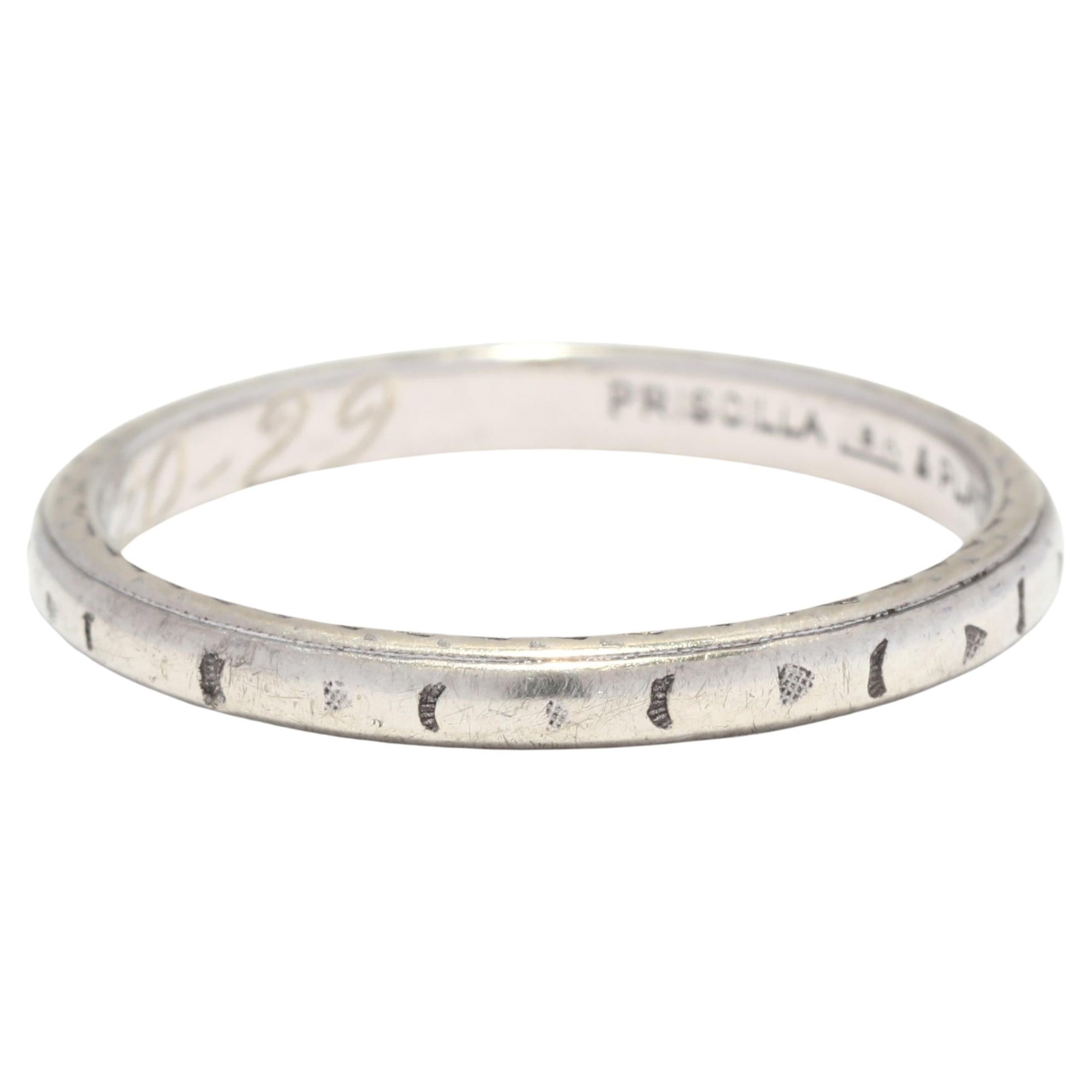 Art Deco Priscilla Engraved Wedding Band, Platinum 18K White Gold, Ring Size 6.7