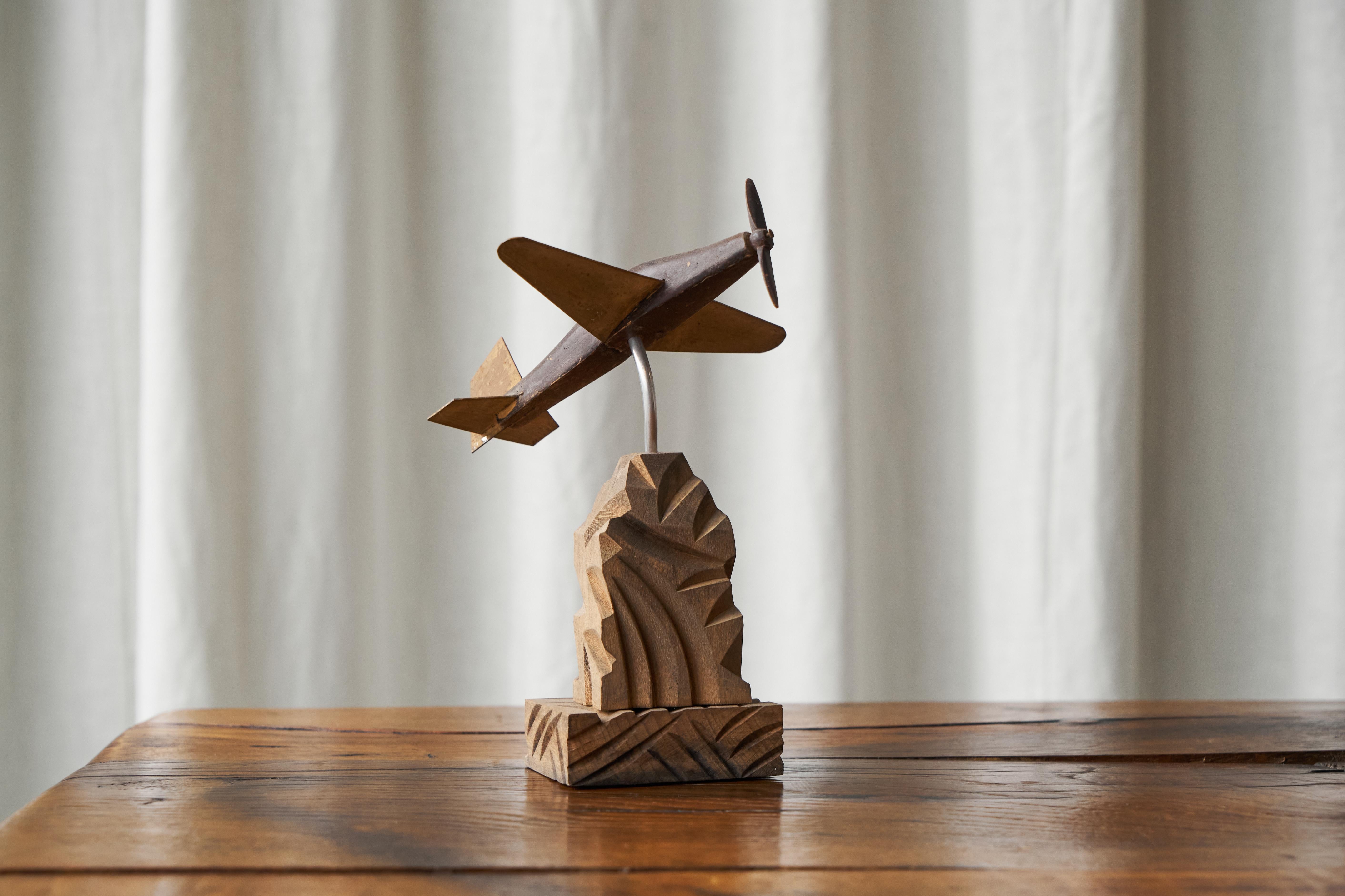 Hand-Crafted Art Deco Propeller Plane in Carved Wood and Metal For Sale
