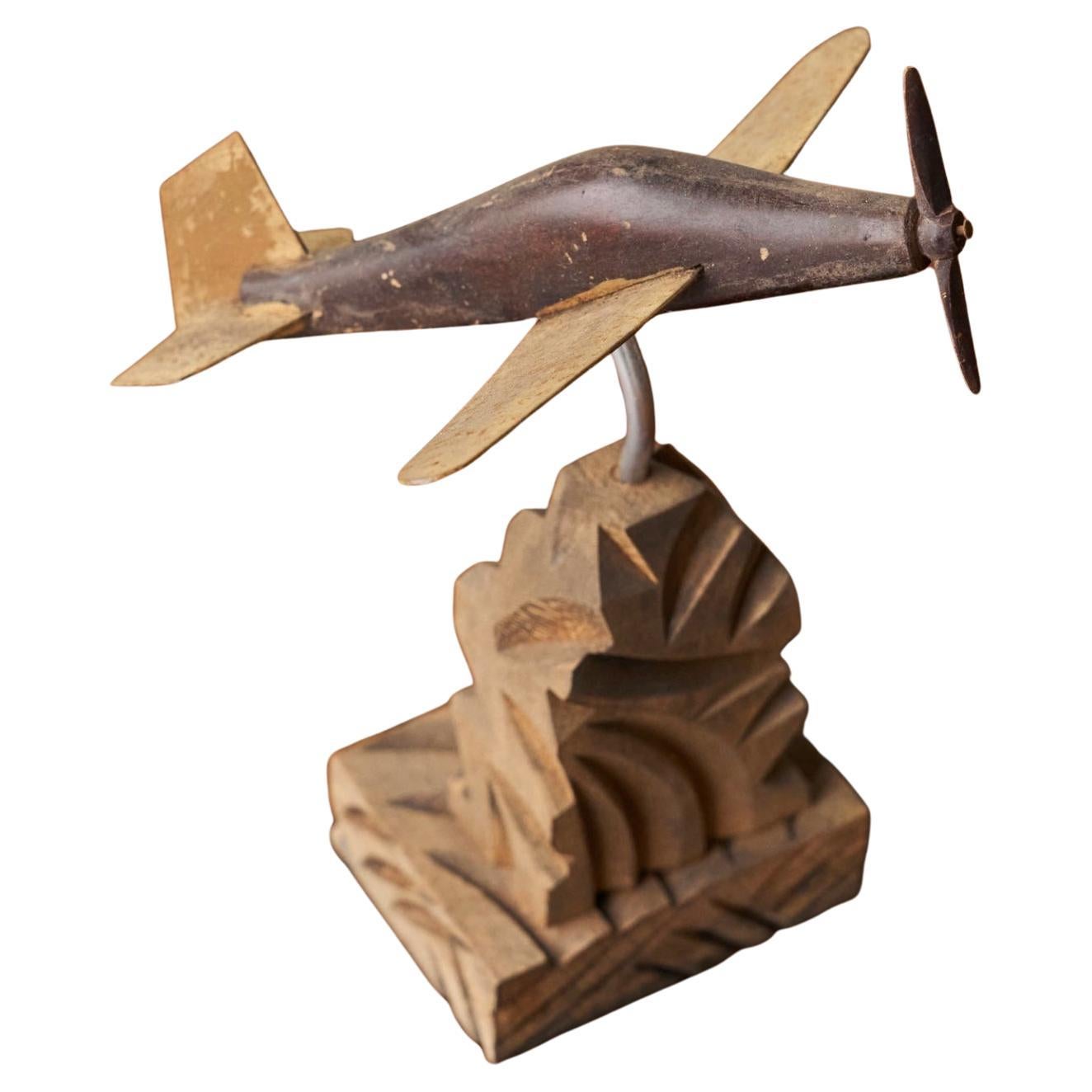 Art Deco Propeller Plane in Carved Wood and Metal For Sale
