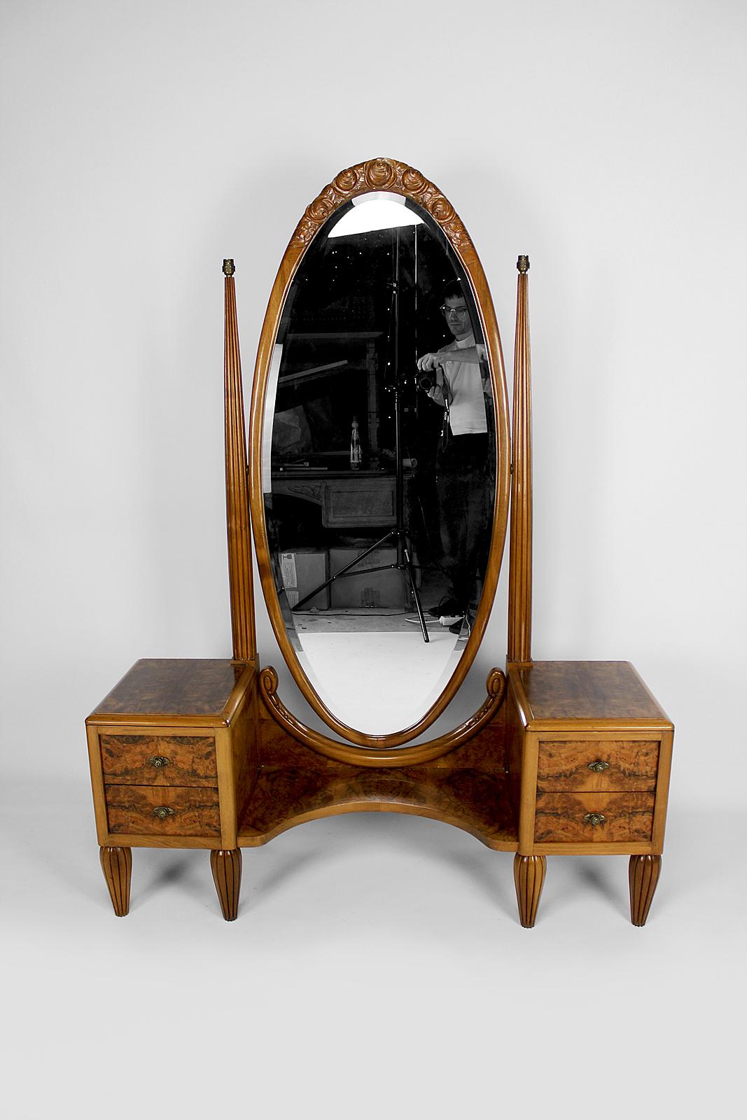 French Art Deco Psyche Dressing Table and Pouf by Ateliers Gauthier-Poinsignon, c. 1920 For Sale
