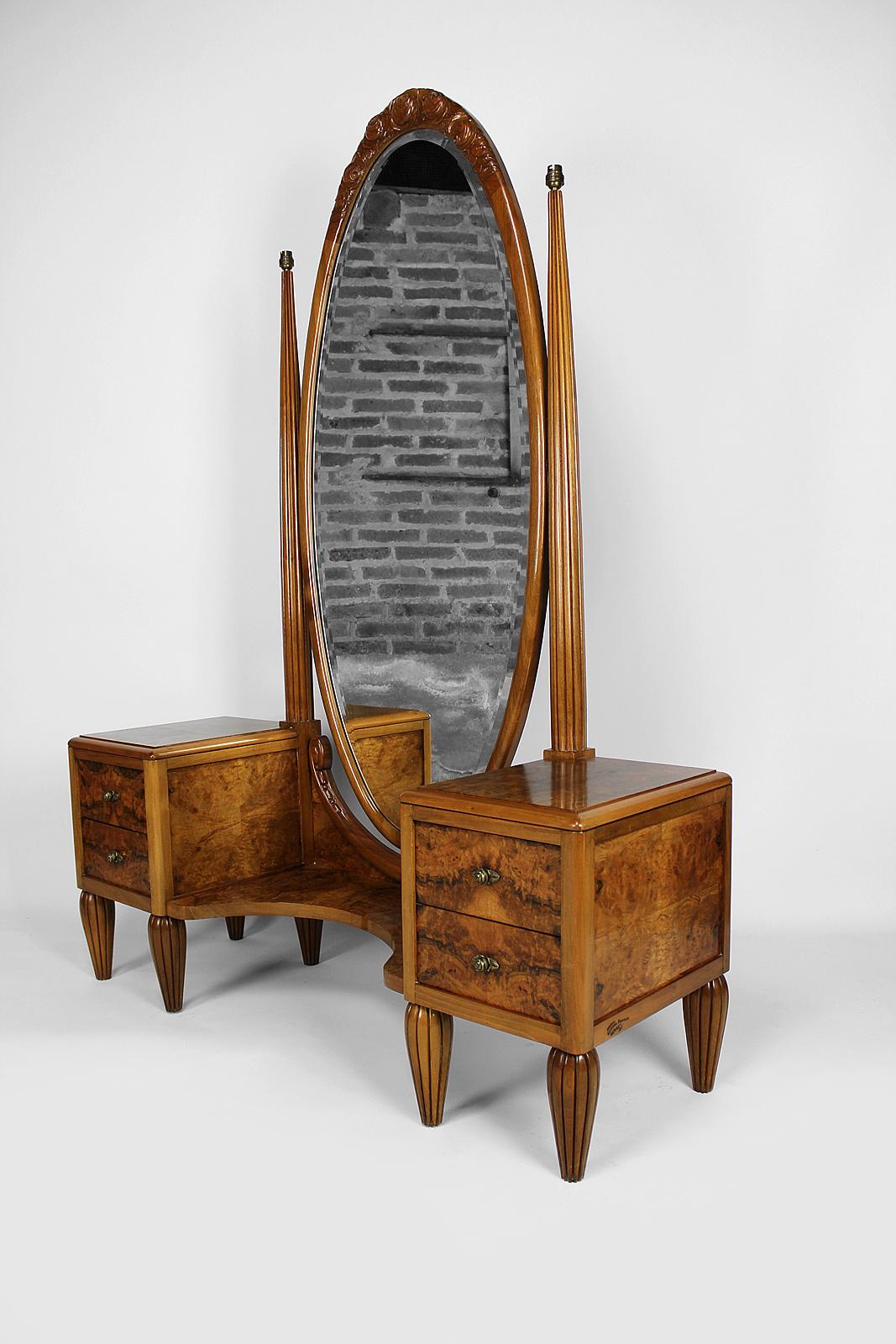 Beveled Art Deco Psyche Dressing Table and Pouf by Ateliers Gauthier-Poinsignon, c. 1920 For Sale