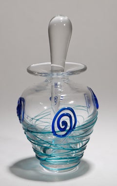 Art Deco Pulled Feather Teal Perfume Bottle, American Studio Art Glass