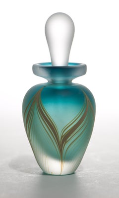 Art Deco Pulled Feather Teal Perfume Bottle, American Studio Art Glass