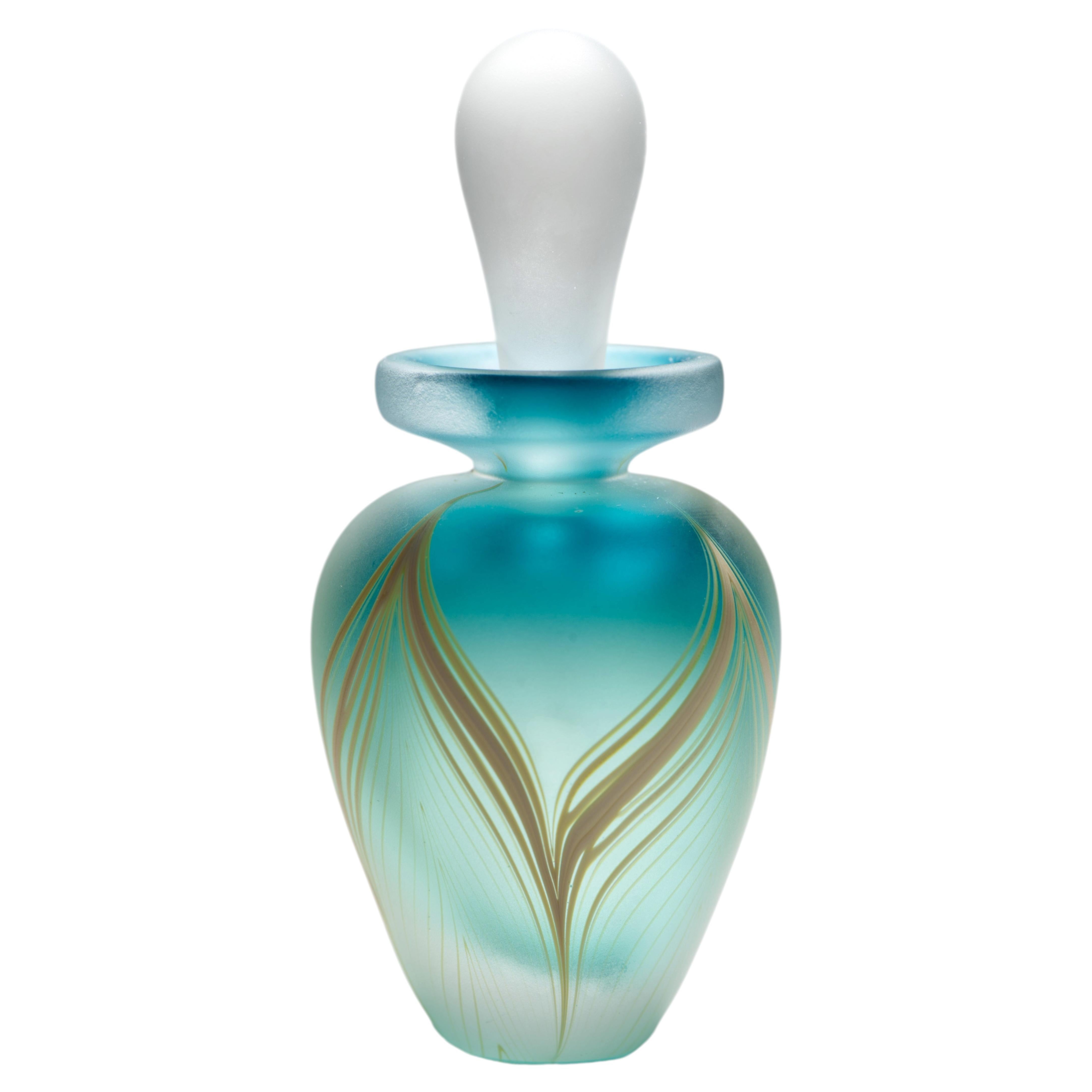 Art Deco Pulled Feather Teal Perfume Bottle, American Studio Art Glass