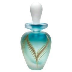 Art Deco Pulled Feather Teal Perfume Bottle, American Studio Art Glass