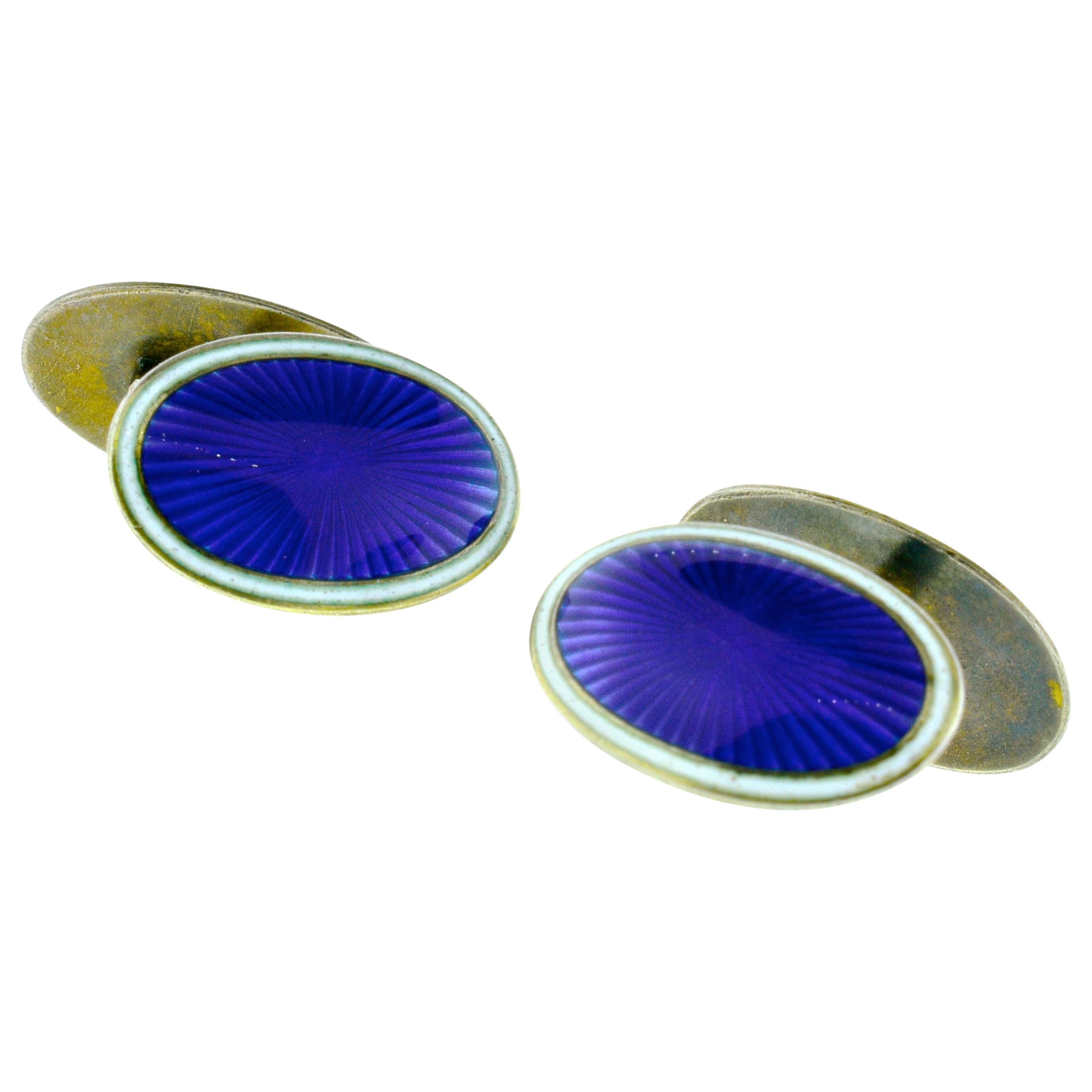 Enamel back to back Art Deco silver cufflinks  The guilloche enamel is a bright royal blue/purple with white opaque enamel on the edges.  These back to back cufflinks are sterling, circa 1930, American. For the ease of putting through the shirt, one