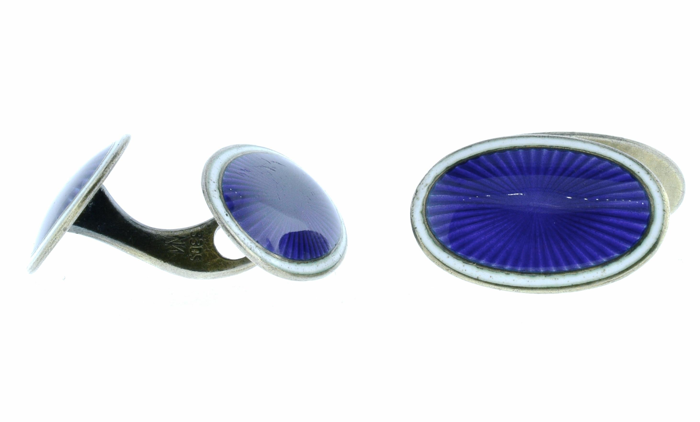 Art Deco Silver & Purple guillochee Deep blue and opaque white enamel Cufflinks In Good Condition In Aspen, CO