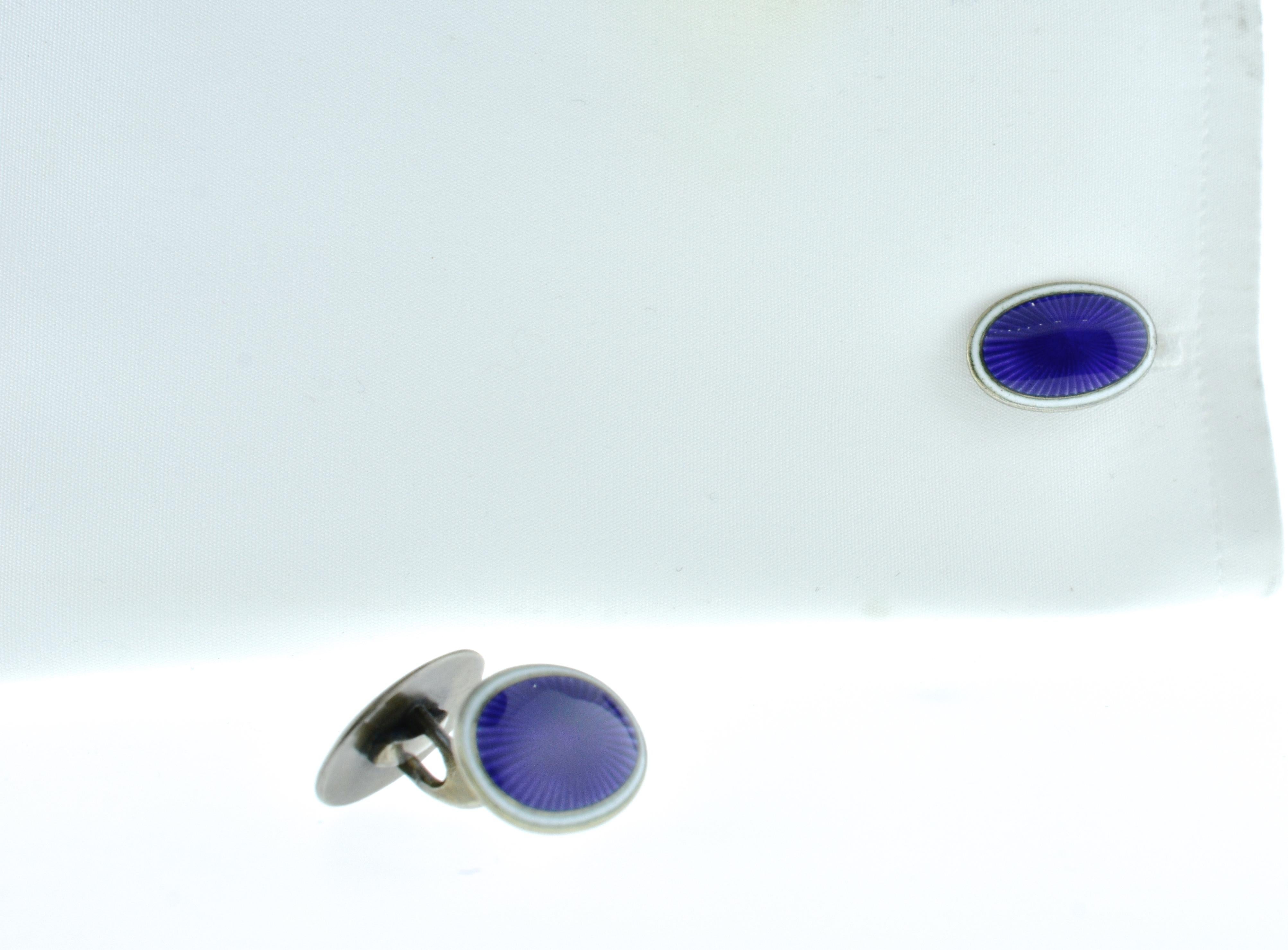 Women's or Men's Art Deco Silver & Purple guillochee Deep blue and opaque white enamel Cufflinks
