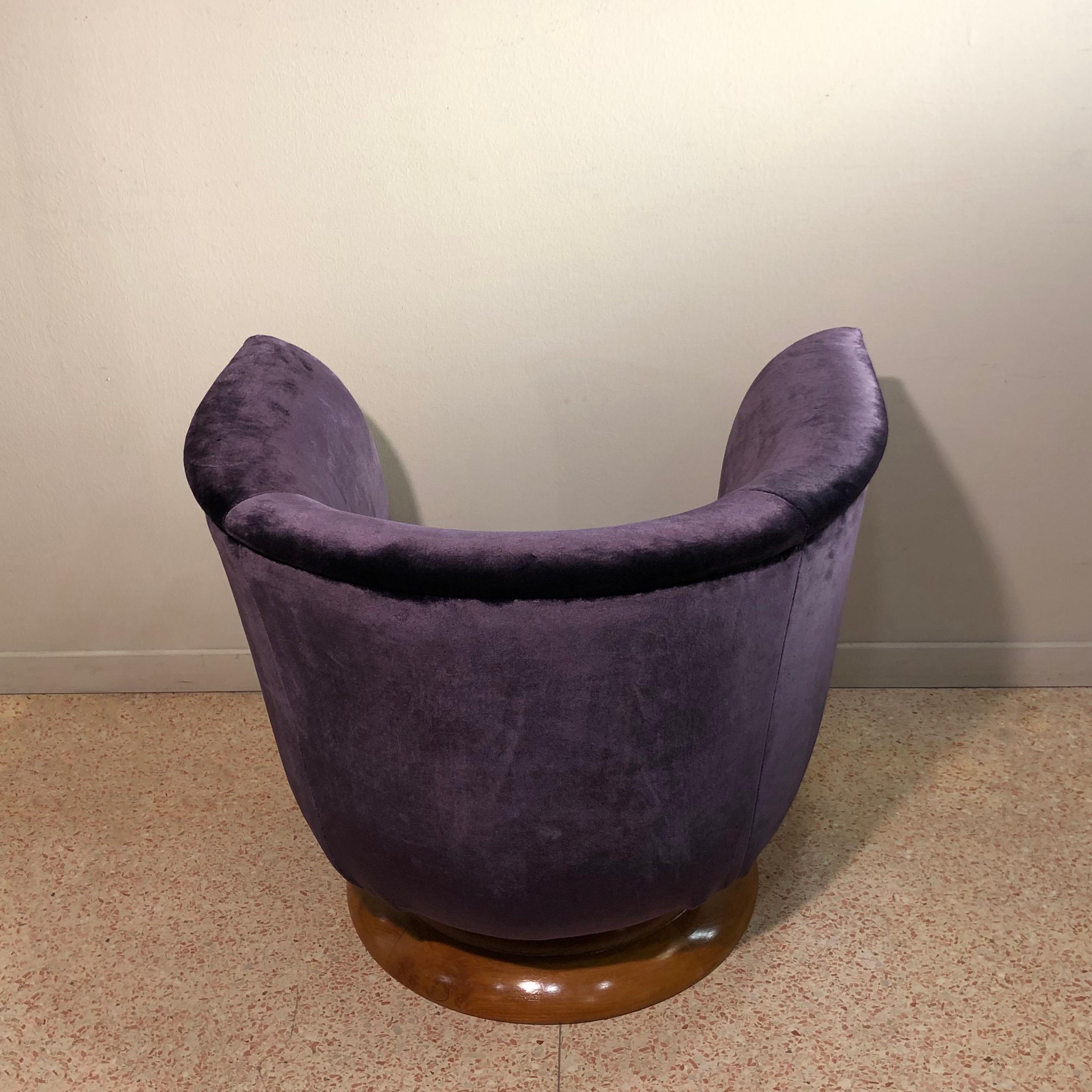 Wood Art Deco Purple Velvet Tulip Small Armchair Labeled 