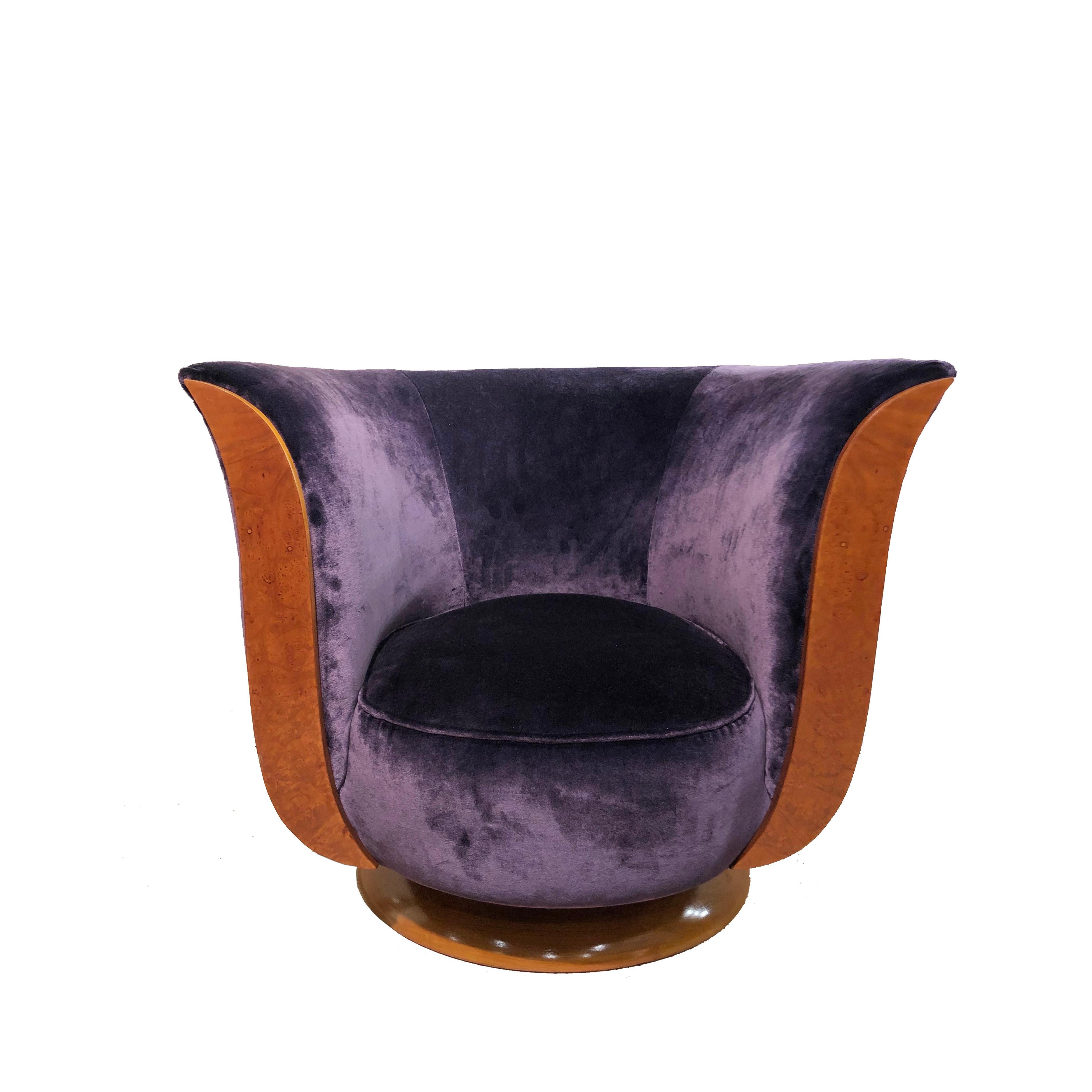 Art Deco Purple Velvet Tulip Small Armchair Labeled "Hotel Le Malandre"