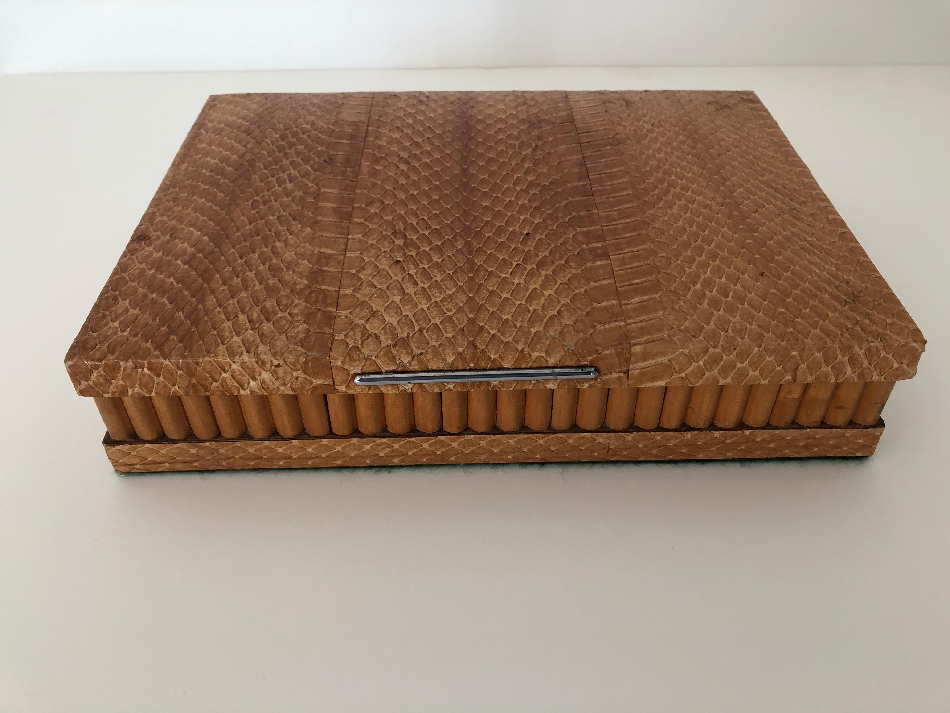 Art Deco python and Channeled sandalwood Mens Cigar / storage box with chrome bar front , felt bottom