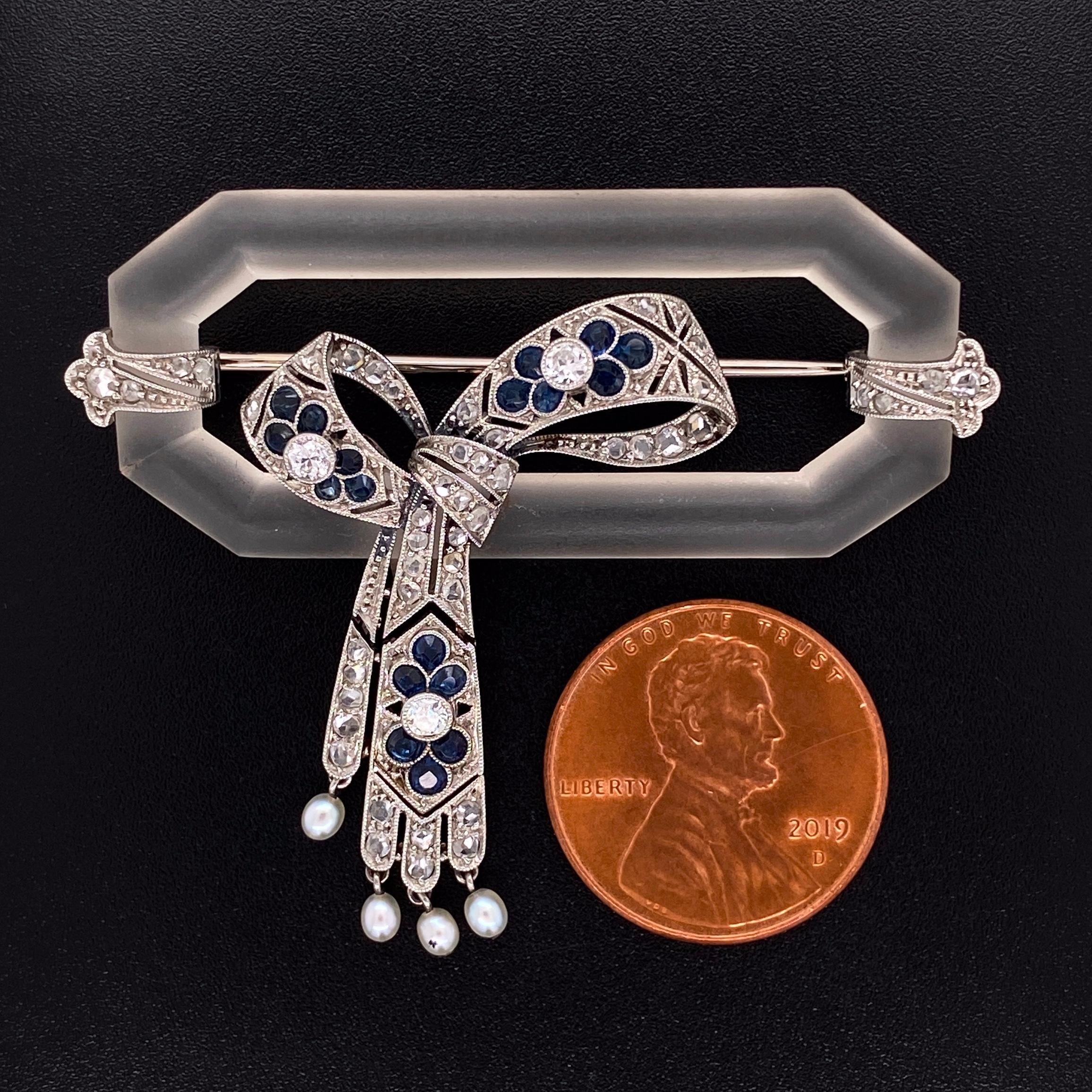 Mixed Cut Art Deco Quartz Crystal Diamond Sapphire Platinum Brooch Pin Estate Fine Jewelry