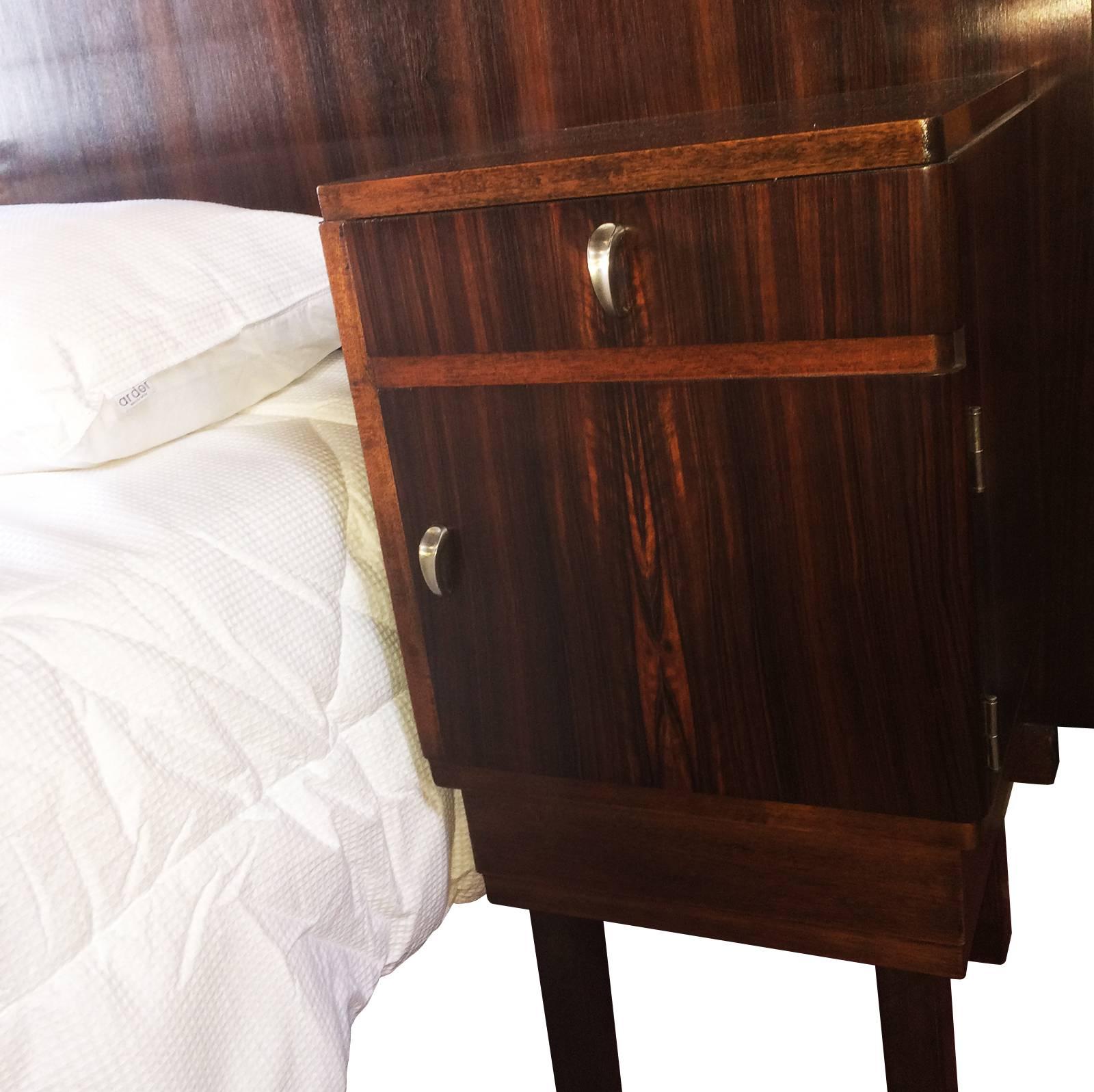 German Art Deco Queen-Size Bed and Bedside Tables in Macassar Wood For Sale