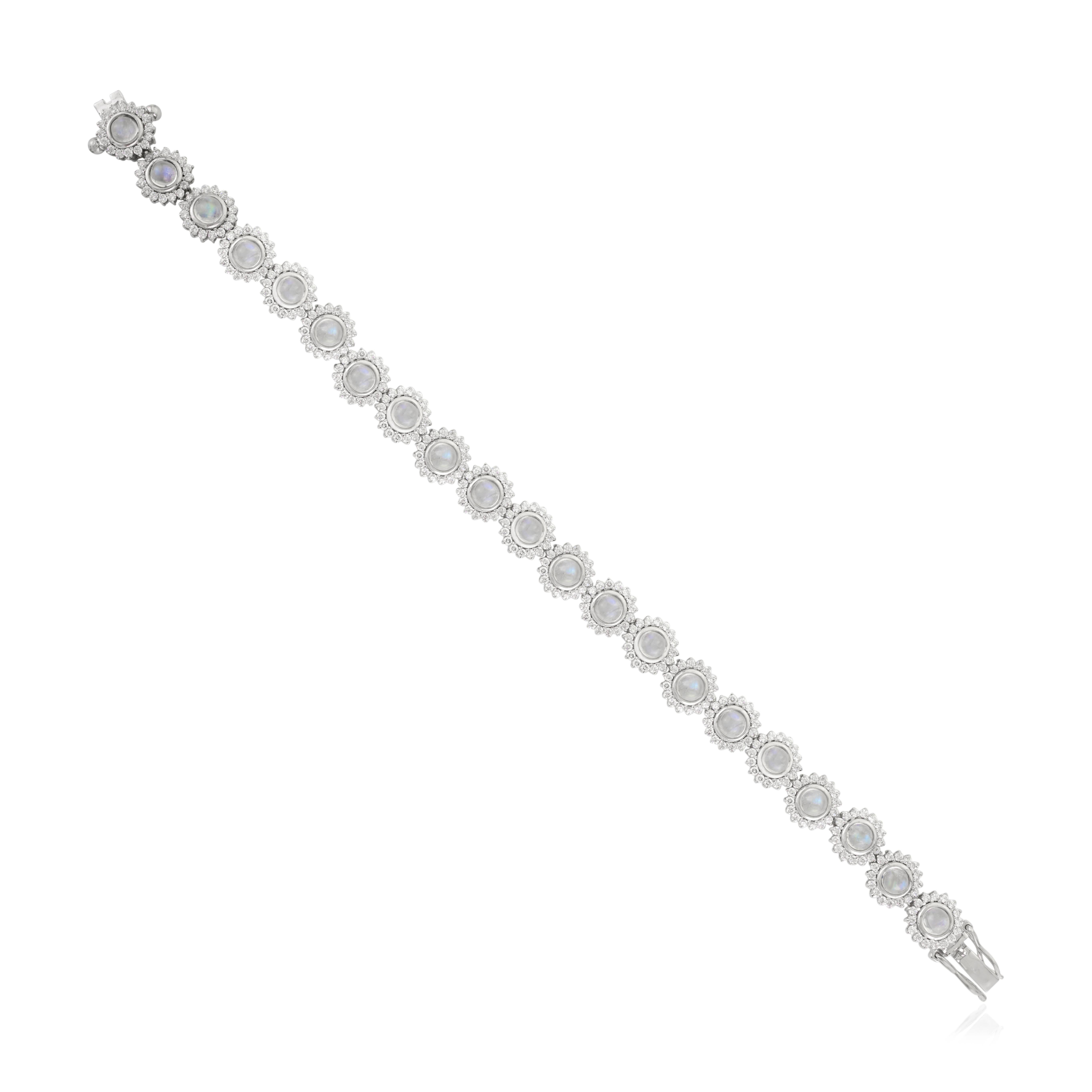 Modernista Bracciale tennis con pietra lunare arcobaleno in stile Art Deco con alone di pietre CZ in argento in vendita