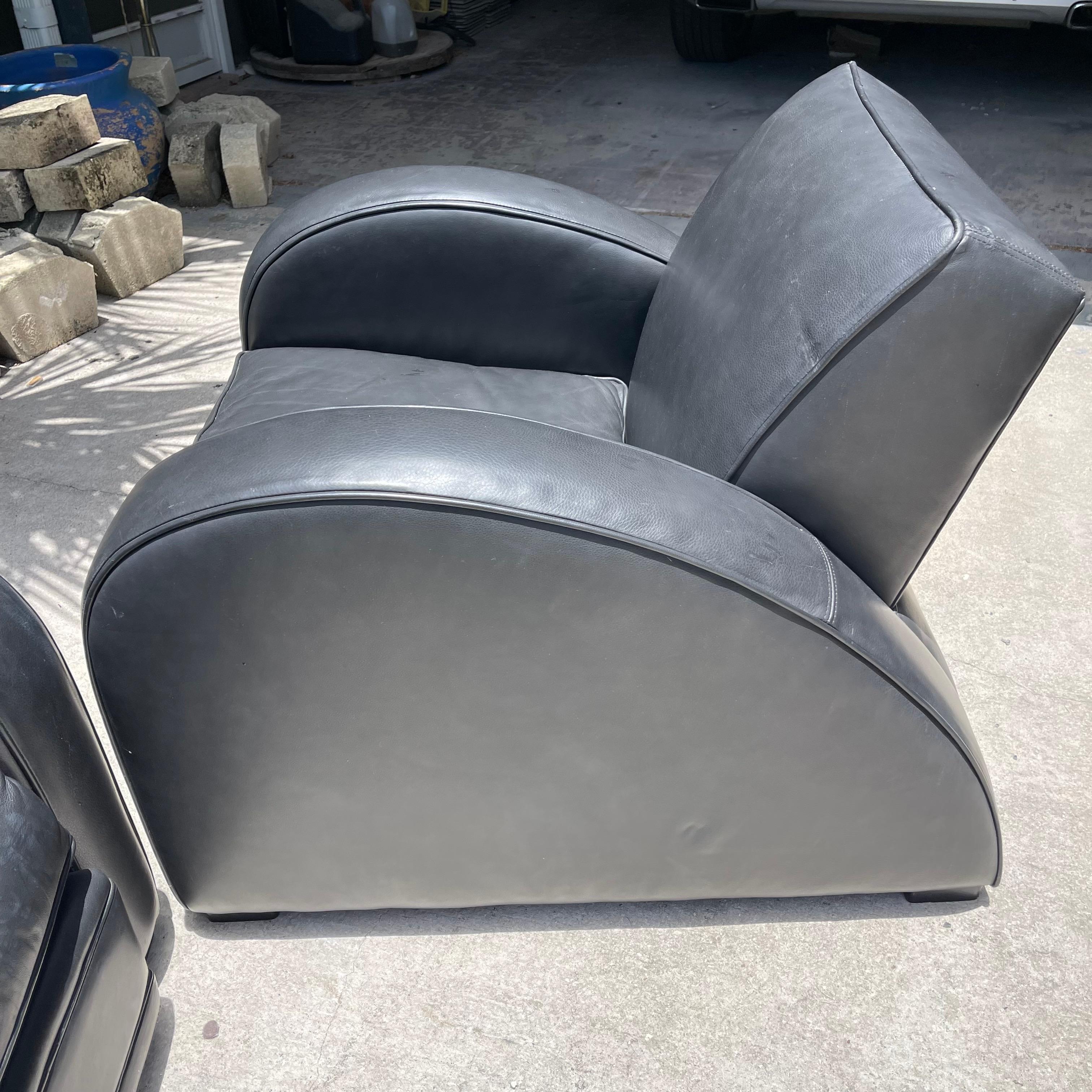 Art Deco Ralph Lauren Style Black Leather Streamline Lounge Club Chair, a Pair 1