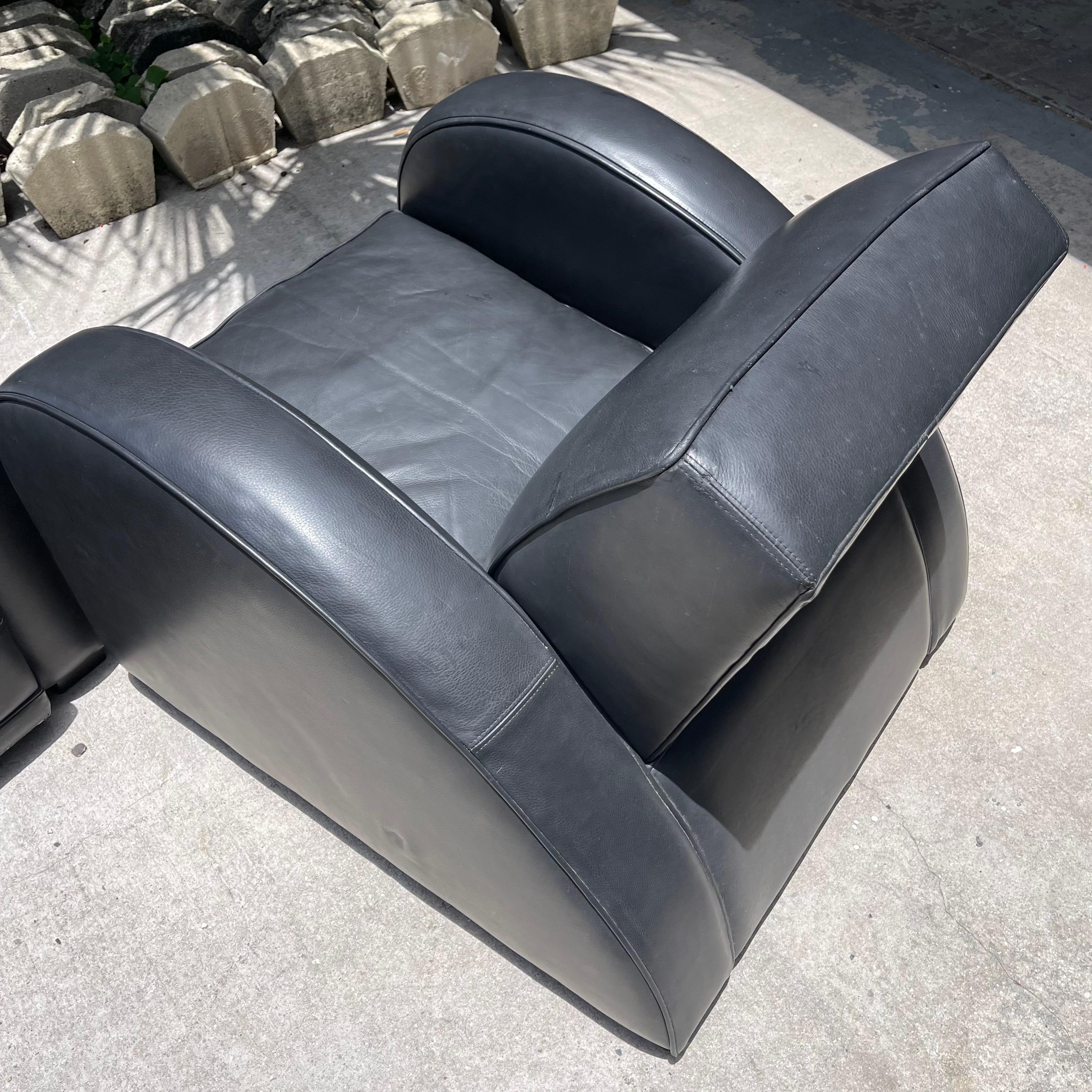Art Deco Ralph Lauren Style Black Leather Streamline Lounge Club Chair, a Pair 2