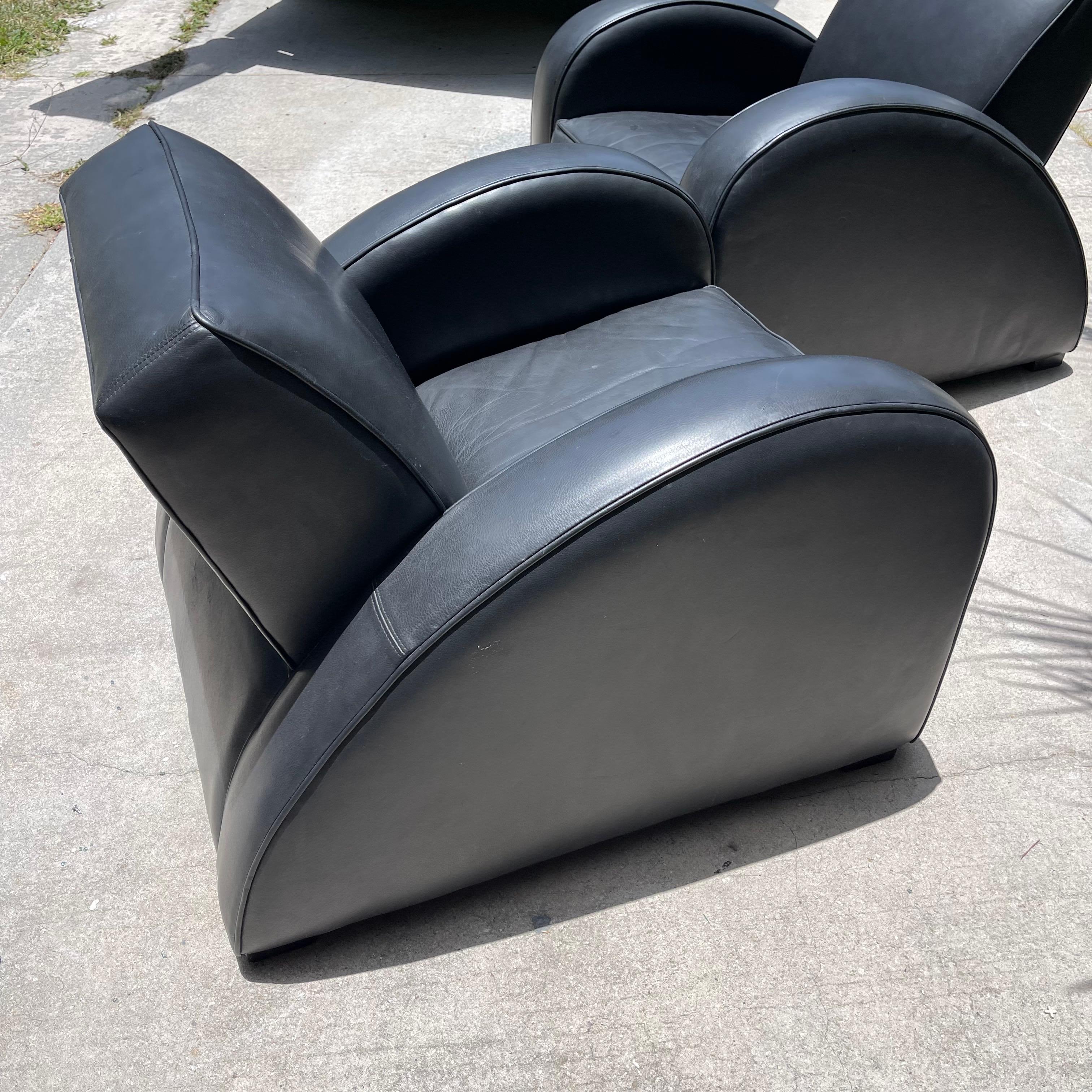Art Deco Ralph Lauren Style Black Leather Streamline Lounge Club Chair, a Pair 3