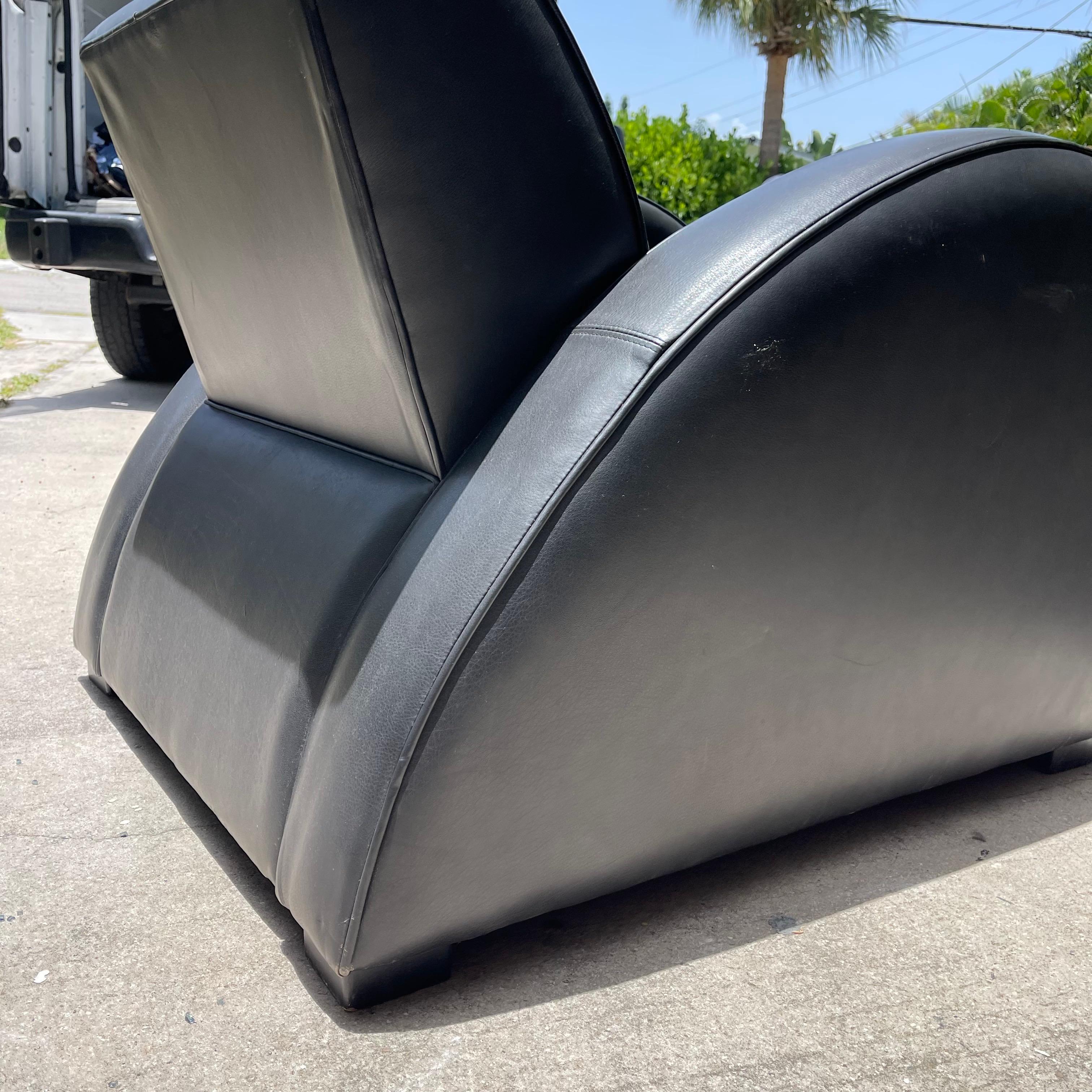 Art Deco Ralph Lauren Style Black Leather Streamline Lounge Club Chair, a Pair 4