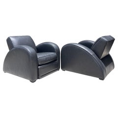 Art Deco Ralph Lauren Style Black Leather Streamline Lounge Club Chair, a Pair