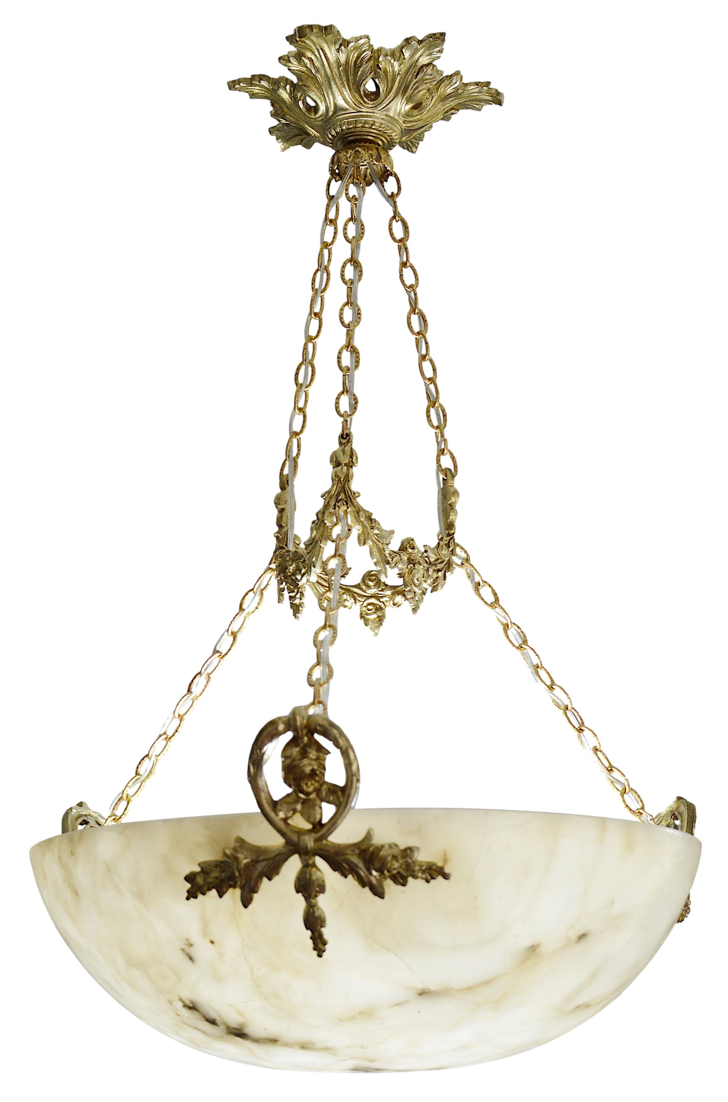 Art Deco Rare Alabaster Pendant Chandelier, 1910s 4