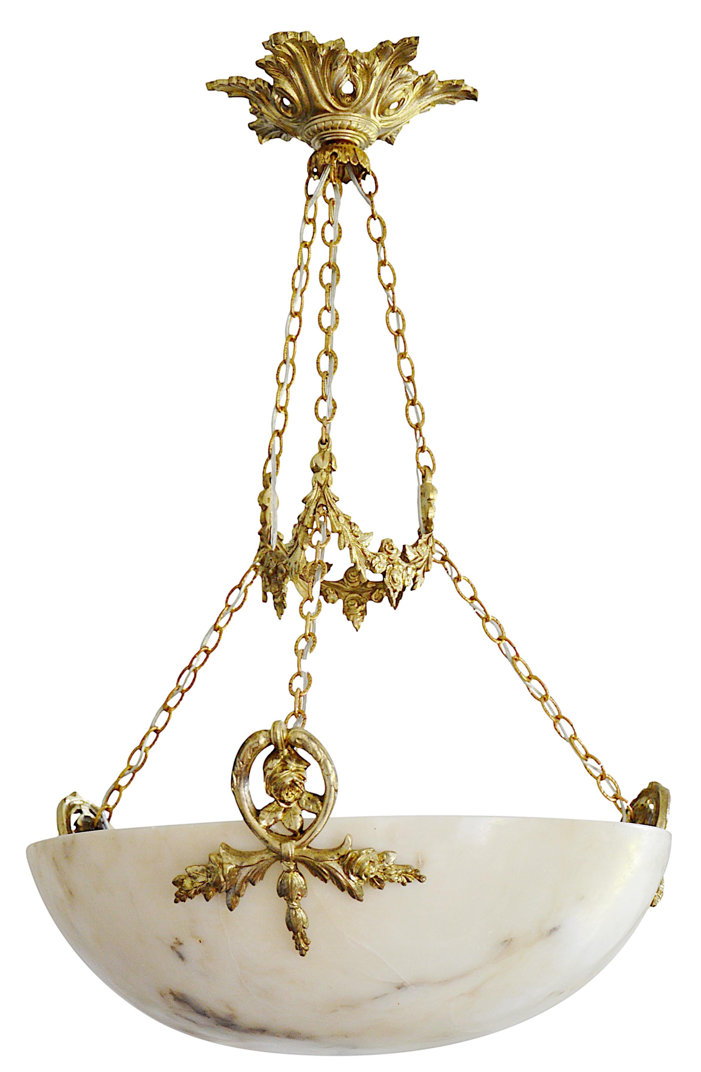 French Art Deco Rare Alabaster Pendant Chandelier, 1910s